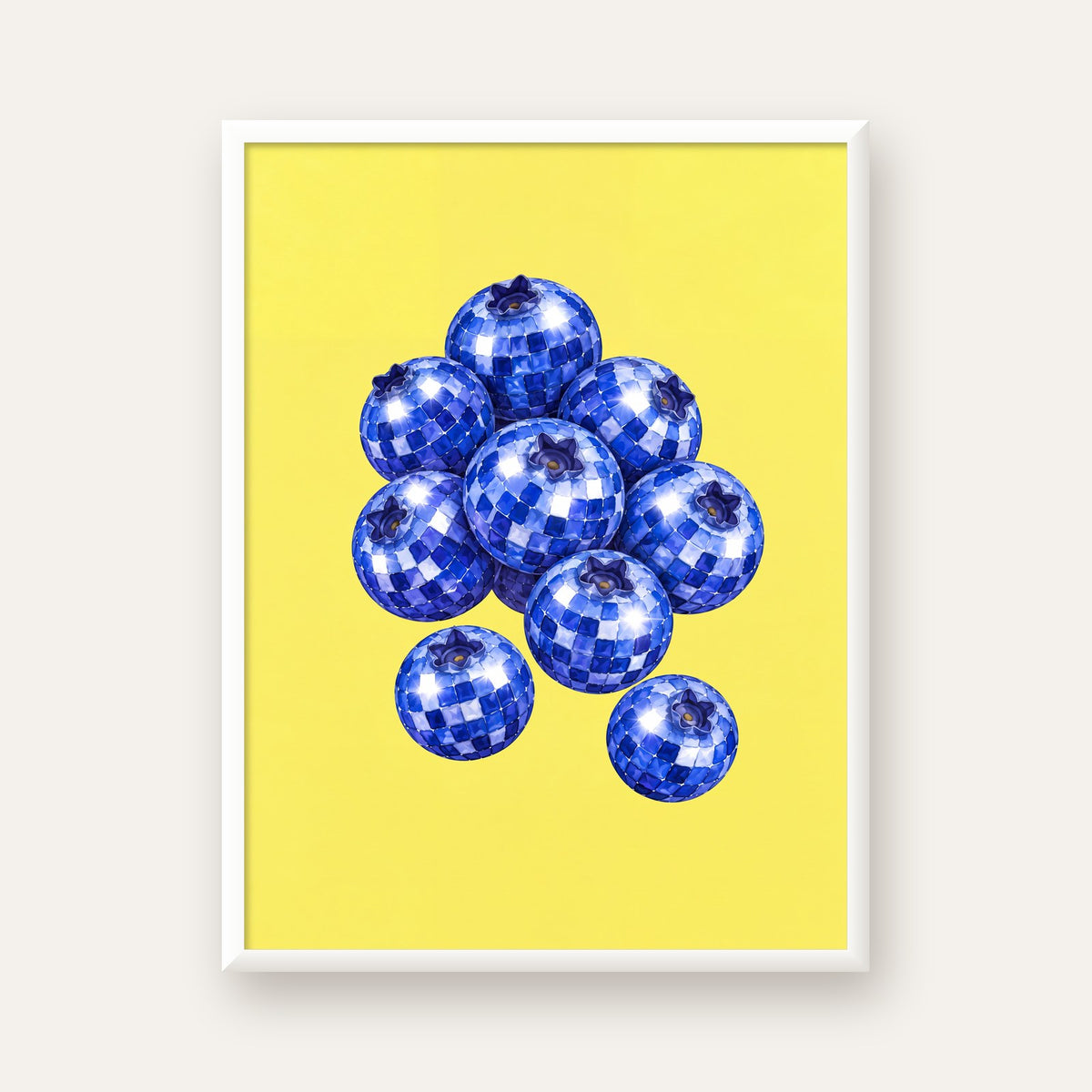 Disco Toplu Yaban Mersini Dijital Poster - Parlak Sarı Fon — beyaz çerçeveli dikey poster