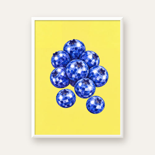 Disco Toplu Yaban Mersini Dijital Poster - Parlak Sarı Fon — beyaz çerçeveli dikey poster