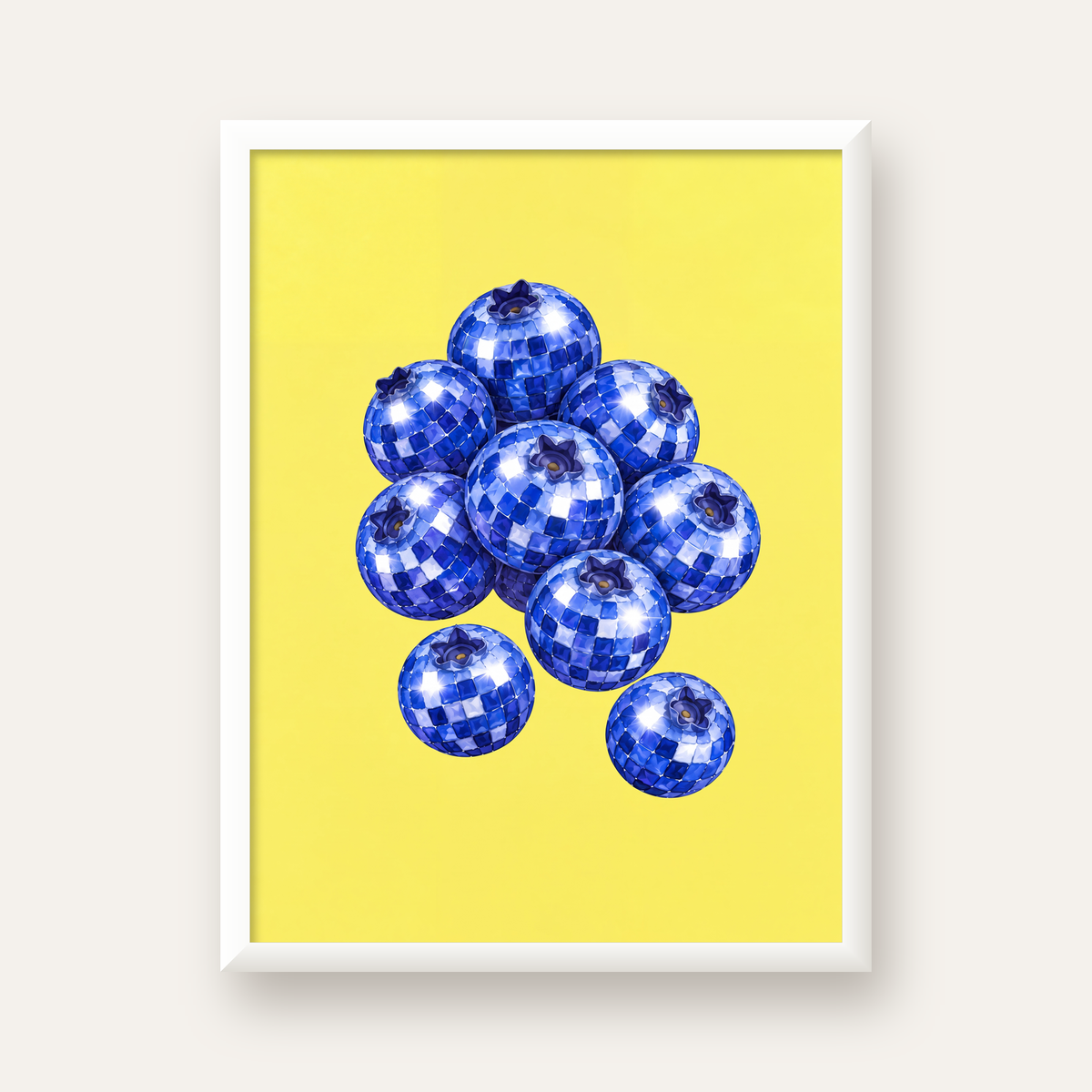Disco Toplu Yaban Mersini Dijital Poster - Parlak Sarı Fon — beyaz çerçeveli dikey poster