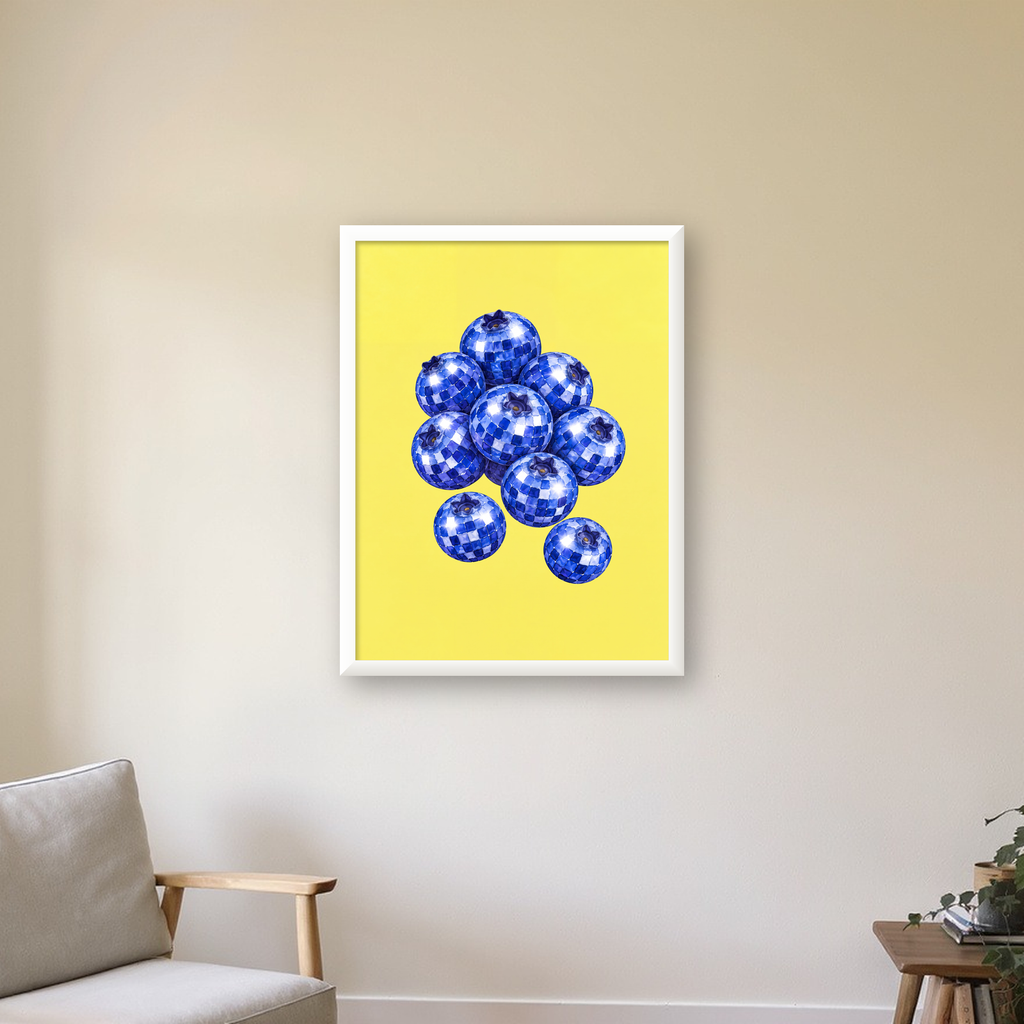 Disco Toplu Yaban Mersini Dijital Poster - Parlak Sarı Fon — beyaz çerçeveli dikey poster