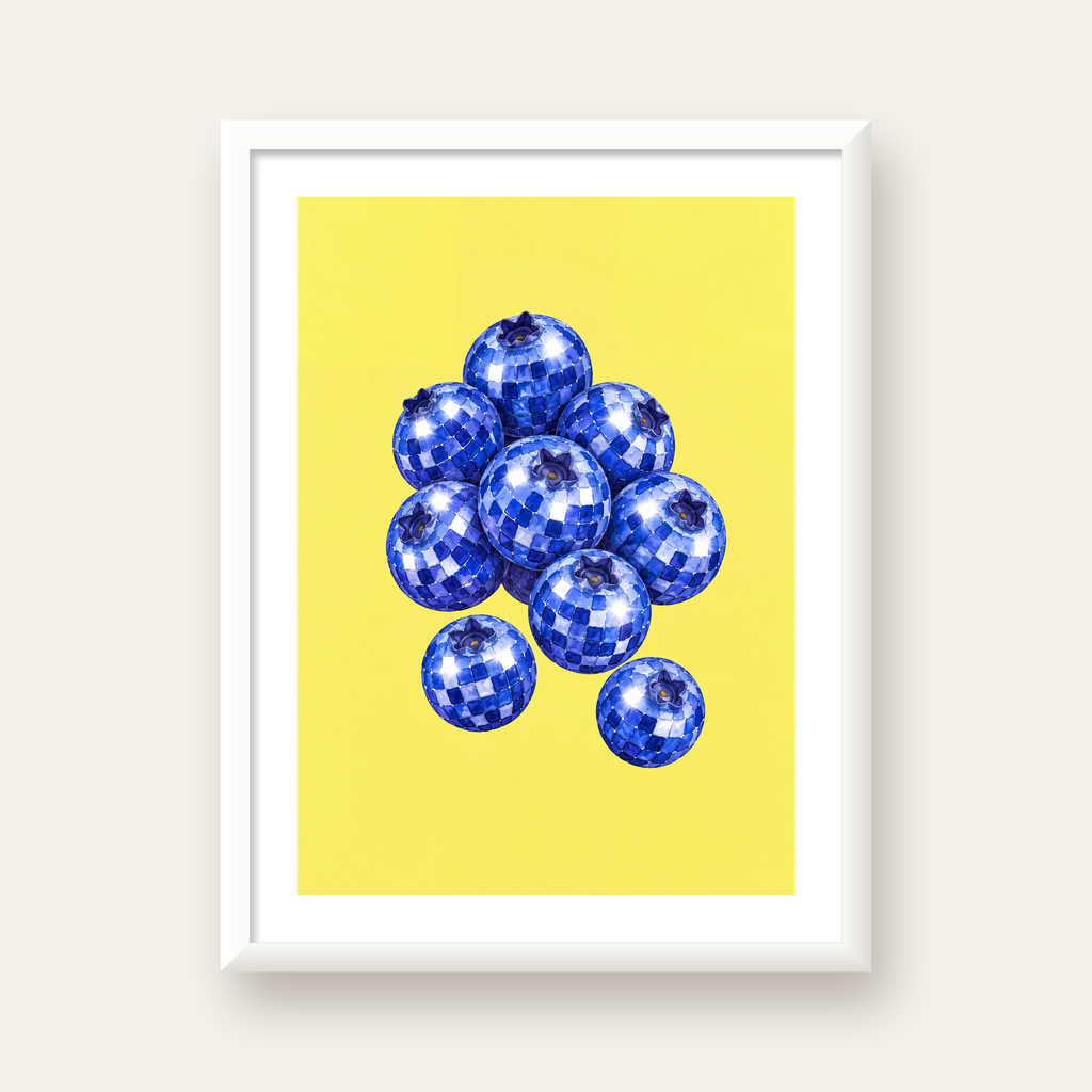 Disco Toplu Yaban Mersini Dijital Poster - Parlak Sarı Fon — beyaz çerçeveli dikey poster