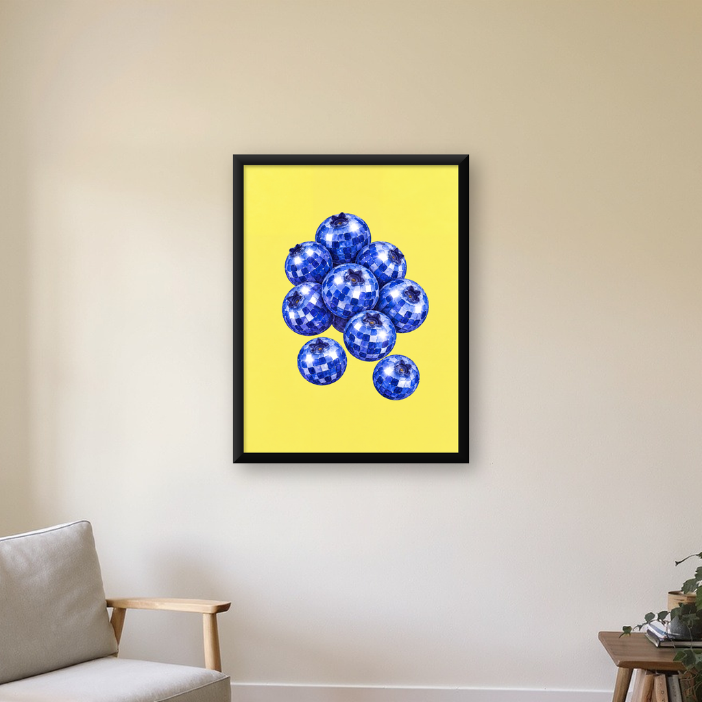 Disco Toplu Yaban Mersini Dijital Poster - Parlak Sarı Fon — Dikey baskı, çerçeveli hâliyle bir ev duvarında