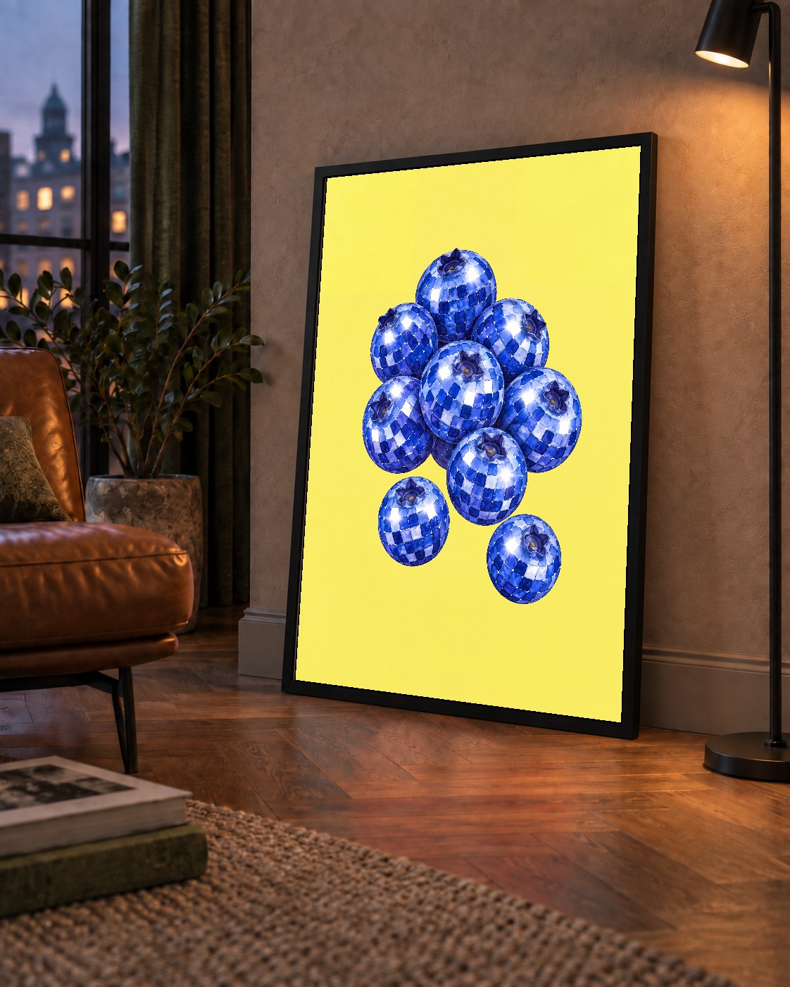 Disco Toplu Yaban Mersini Dijital Poster - Parlak Sarı Fon