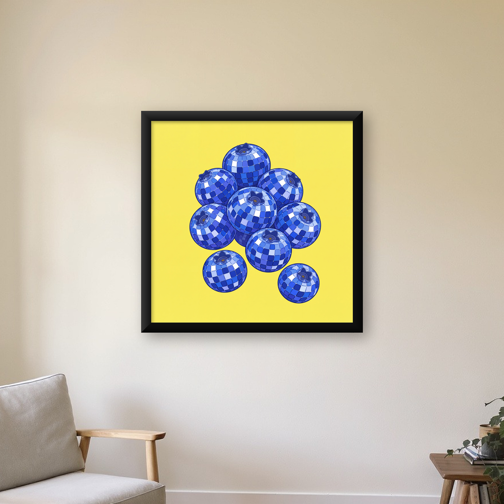 Disco Toplu Yaban Mersini Dijital Poster - Parlak Sarı Fon — Kare baskı, çerçeveli hâliyle bir ev duvarında