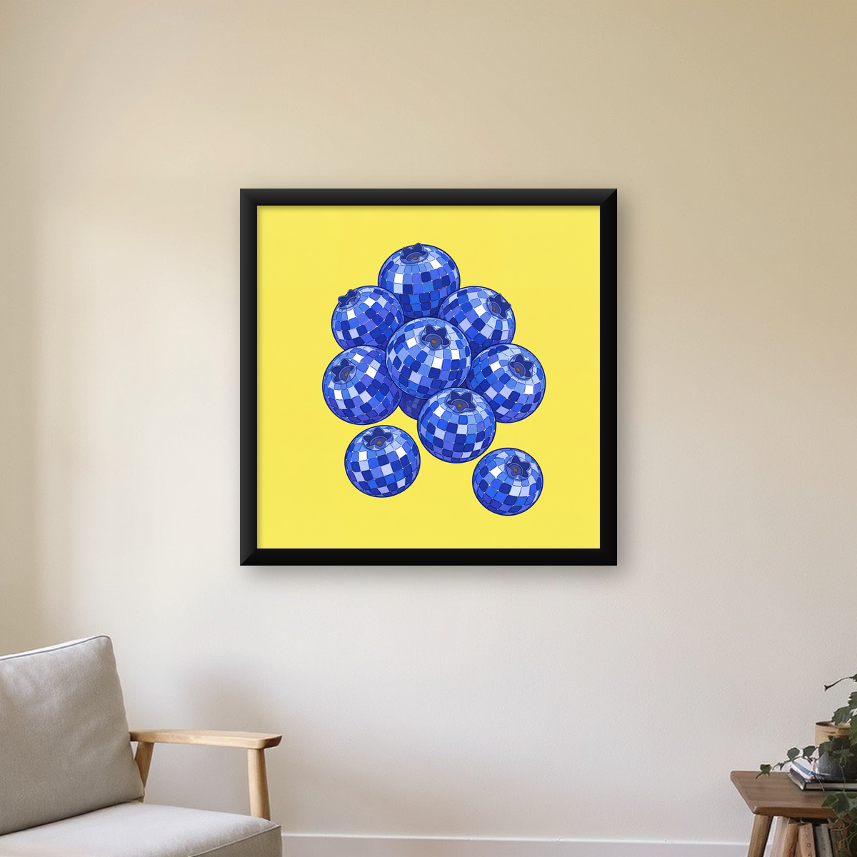 Disco Toplu Yaban Mersini Dijital Poster - Parlak Sarı Fon — Kare baskı, çerçeveli hâliyle bir ev duvarında