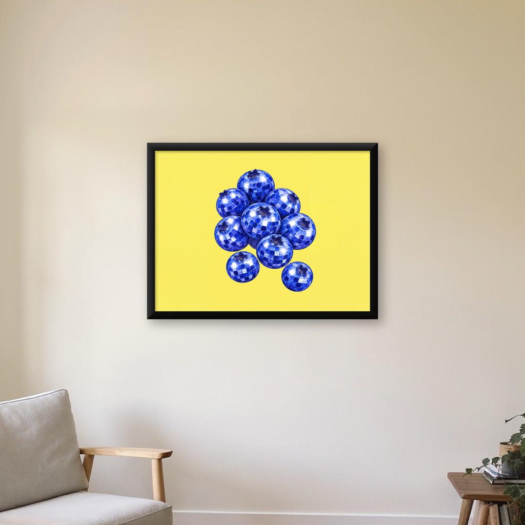 Disco Toplu Yaban Mersini Dijital Poster - Parlak Sarı Fon — Yatay baskı, çerçeveli hâliyle bir ev duvarında