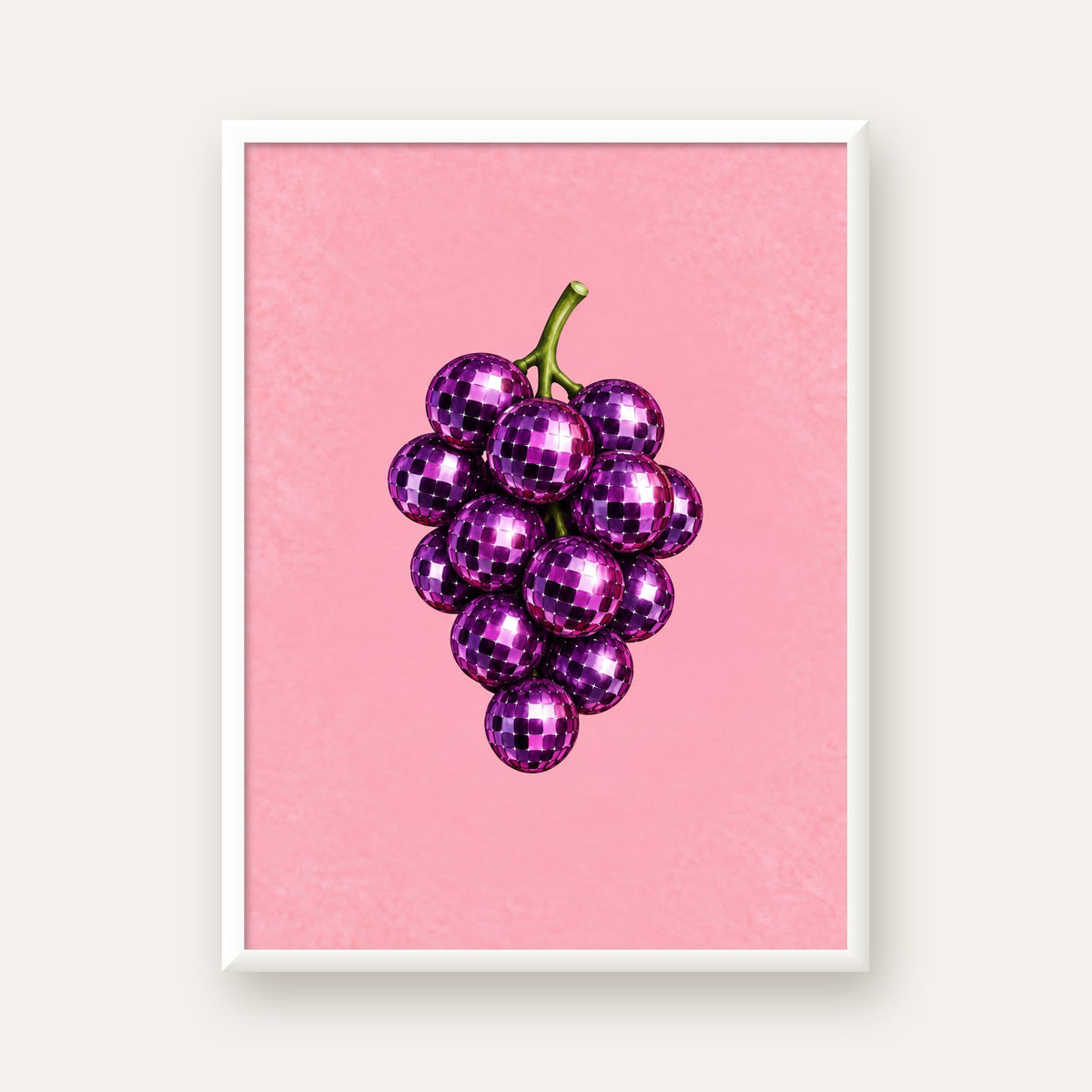 Disco Topu Üzüm Salkımı Dijital Poster - Pembe Duvar Dekoru — beyaz çerçeveli dikey poster