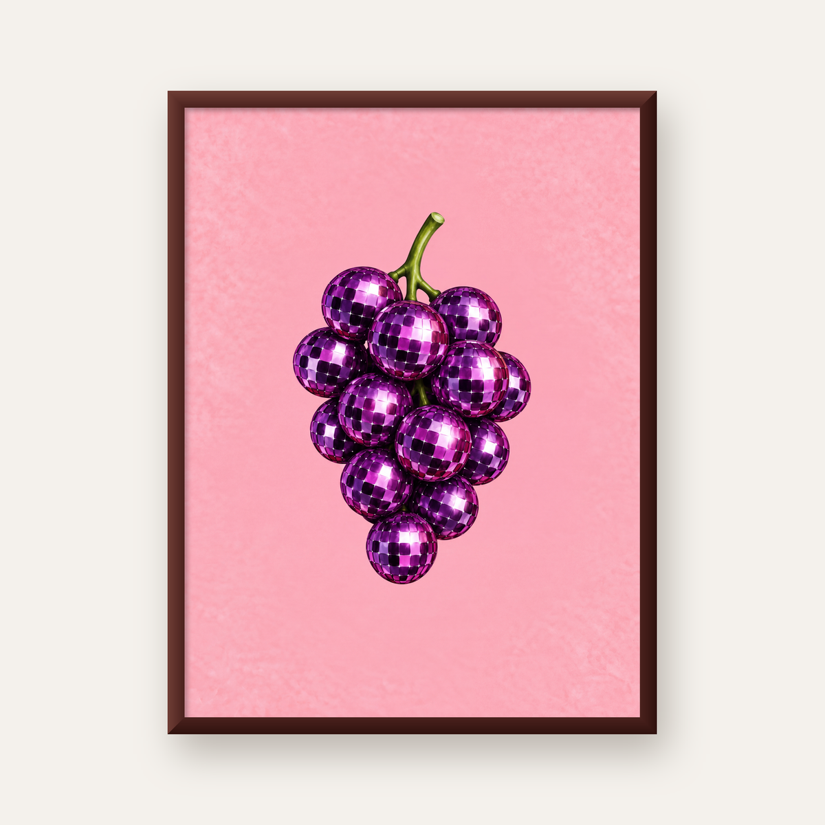 Disco Topu Üzüm Salkımı Dijital Poster - Pembe Duvar Dekoru — ceviz çerçeveli