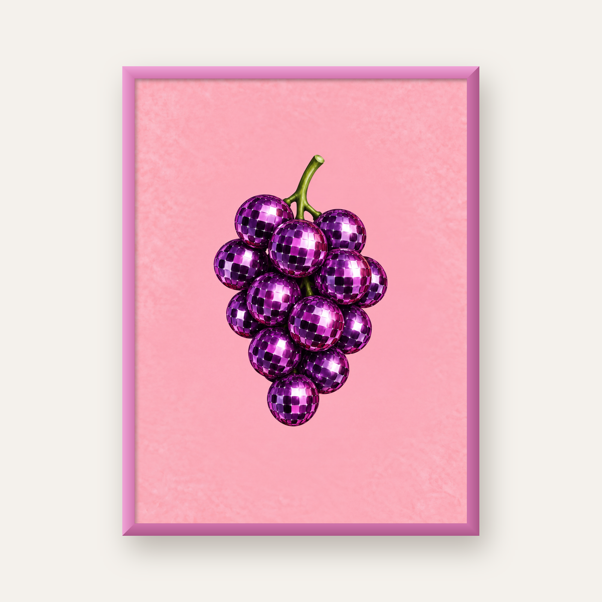 Disco Topu Üzüm Salkımı Dijital Poster - Pembe Duvar Dekoru — pembe çerçeveli