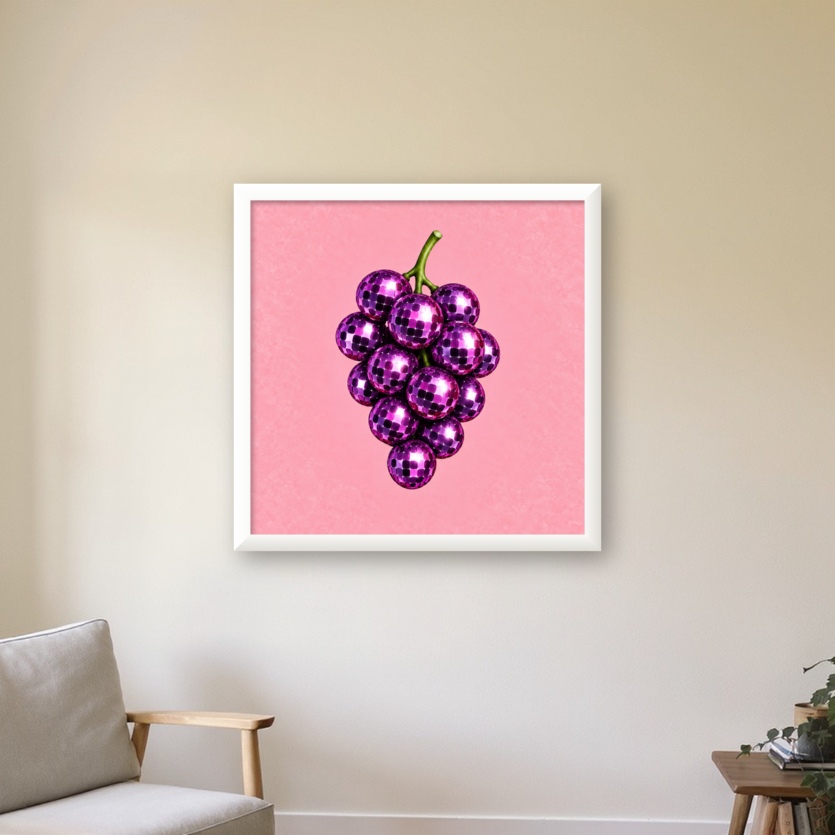Disco Topu Üzüm Salkımı Dijital Poster - Pembe Duvar Dekoru — beyaz çerçeveli kare poster