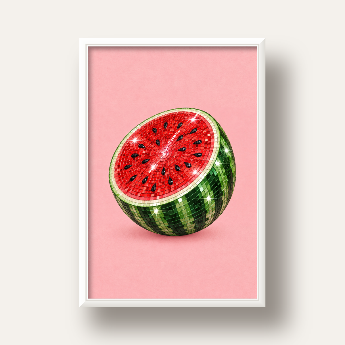 Disko Topu Karpuz Dijital Sanat Poster – Parlak ve Modern Dekor — beyaz derin çerçeveli