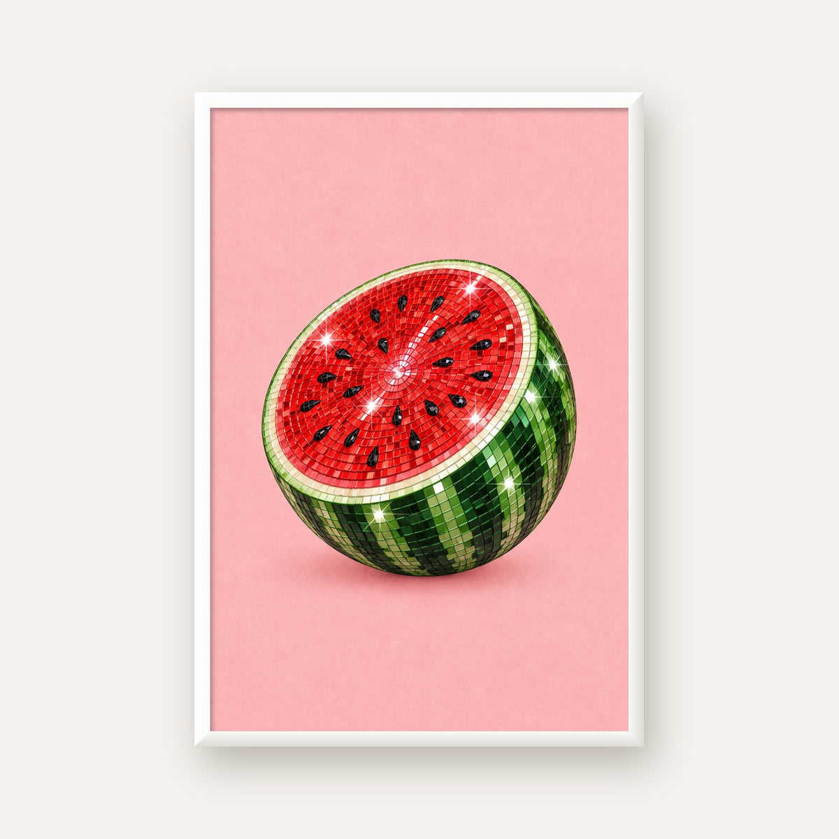 Disko Topu Karpuz Dijital Sanat Poster – Parlak ve Modern Dekor — beyaz çerçeveli dikey poster