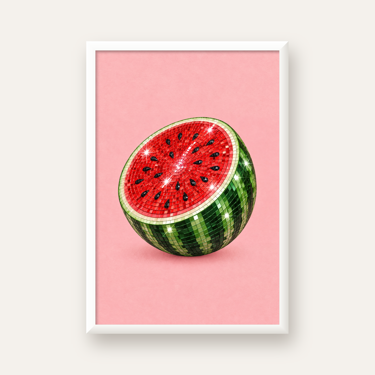 Disko Topu Karpuz Dijital Sanat Poster – Parlak ve Modern Dekor — beyaz çerçeveli dikey poster