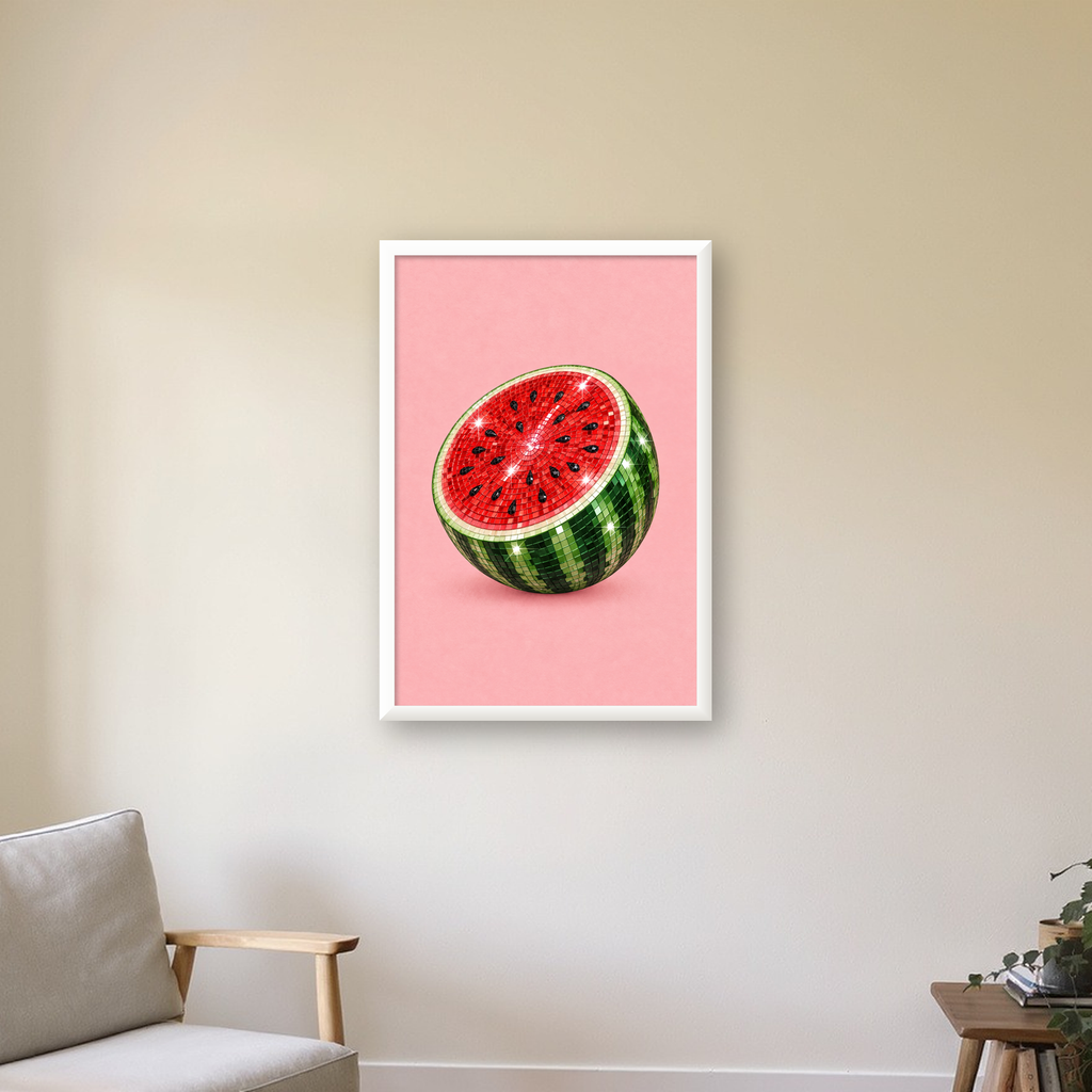 Disko Topu Karpuz Dijital Sanat Poster – Parlak ve Modern Dekor — beyaz çerçeveli dikey poster