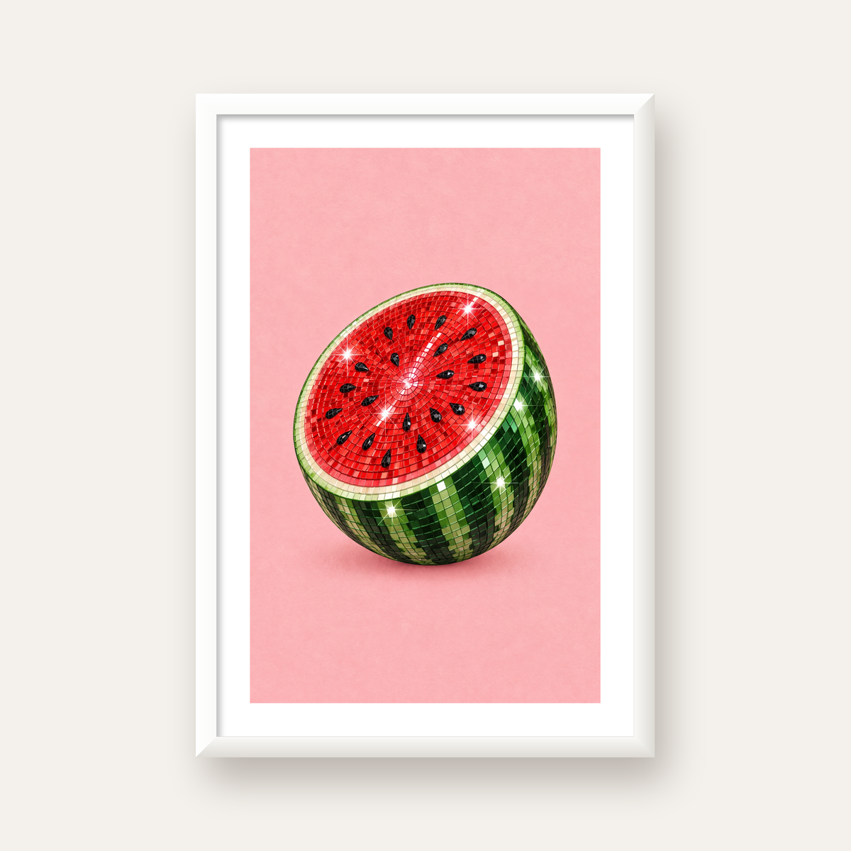 Disko Topu Karpuz Dijital Sanat Poster – Parlak ve Modern Dekor — beyaz çerçeveli dikey poster