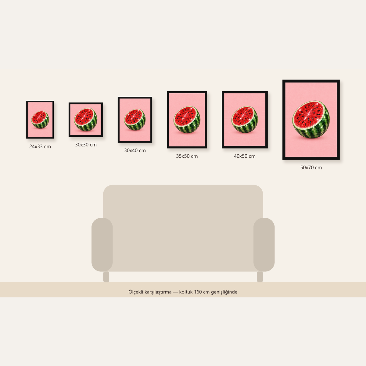 Disko Topu Karpuz Dijital Sanat Poster – Parlak ve Modern Dekor — Dikey ölçülerinin karşılaştırması