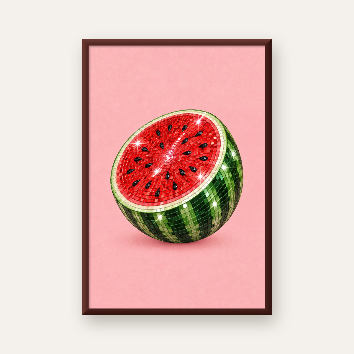 Disko Topu Karpuz Dijital Sanat Poster – Parlak ve Modern Dekor — ceviz çerçeveli