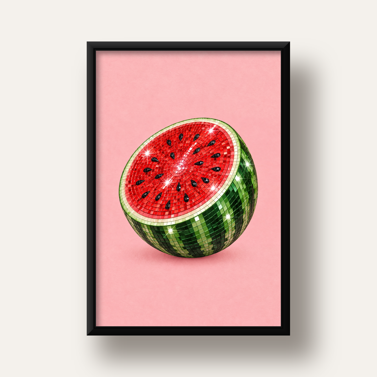 Disko Topu Karpuz Dijital Sanat Poster – Parlak ve Modern Dekor — siyah derin çerçeveli