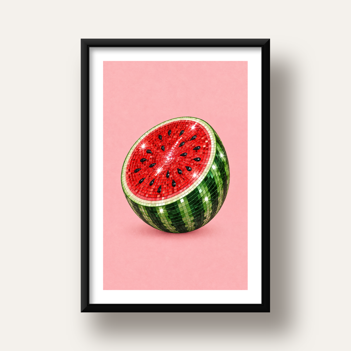 Disko Topu Karpuz Dijital Sanat Poster – Parlak ve Modern Dekor — siyah derin çerçeveli paspartulu