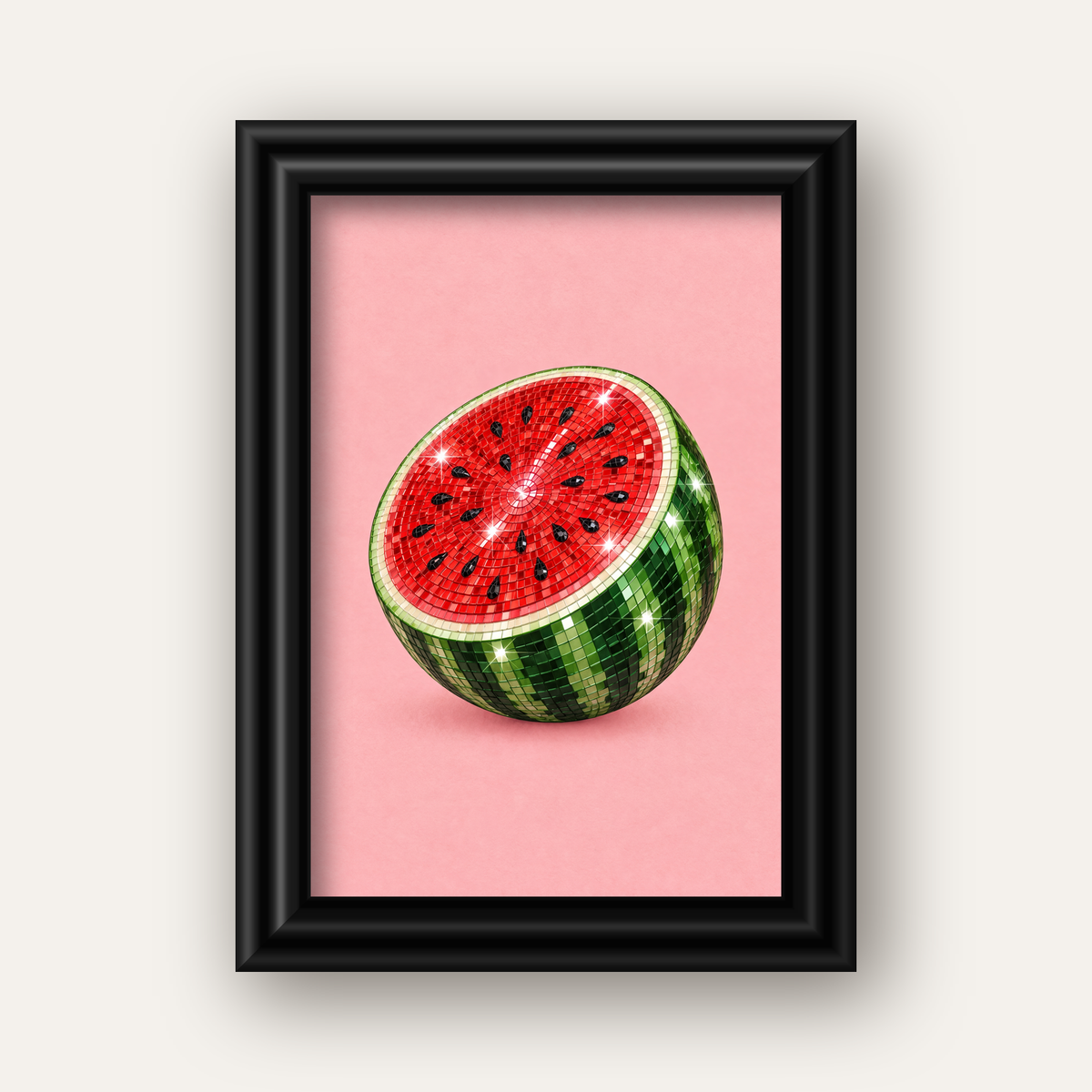 Disko Topu Karpuz Dijital Sanat Poster – Parlak ve Modern Dekor — siyah galeri çerçeveli
