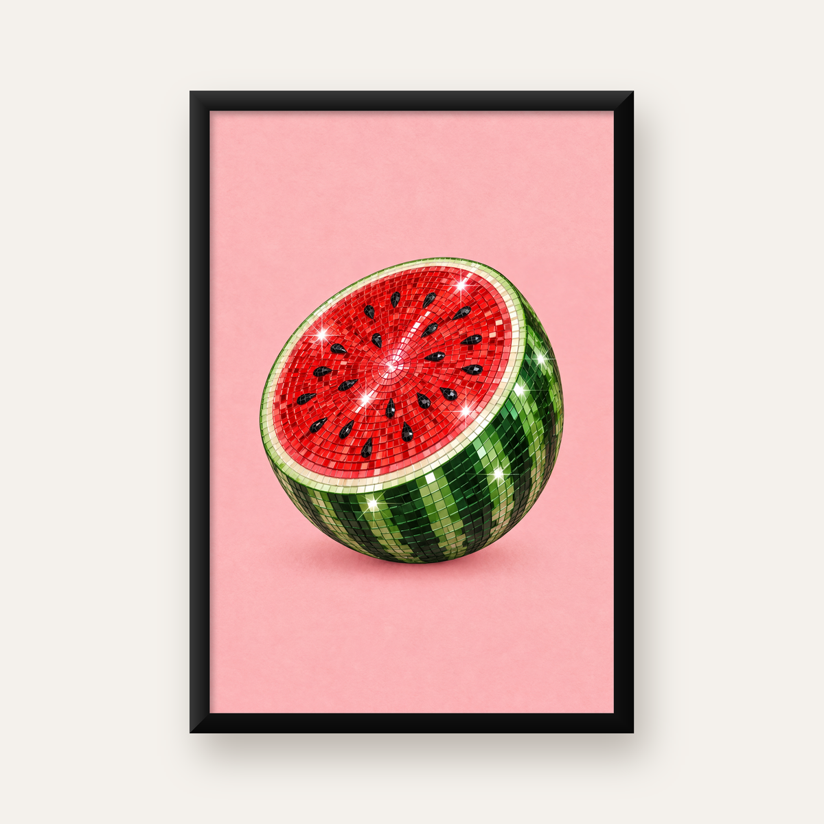 Disko Topu Karpuz Dijital Sanat Poster – Parlak ve Modern Dekor — Dikey baskı, düz siyah çerçeveli duvar posteri