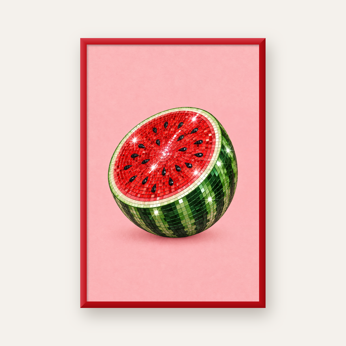 Disko Topu Karpuz Dijital Sanat Poster – Parlak ve Modern Dekor — kırmızı çerçeveli