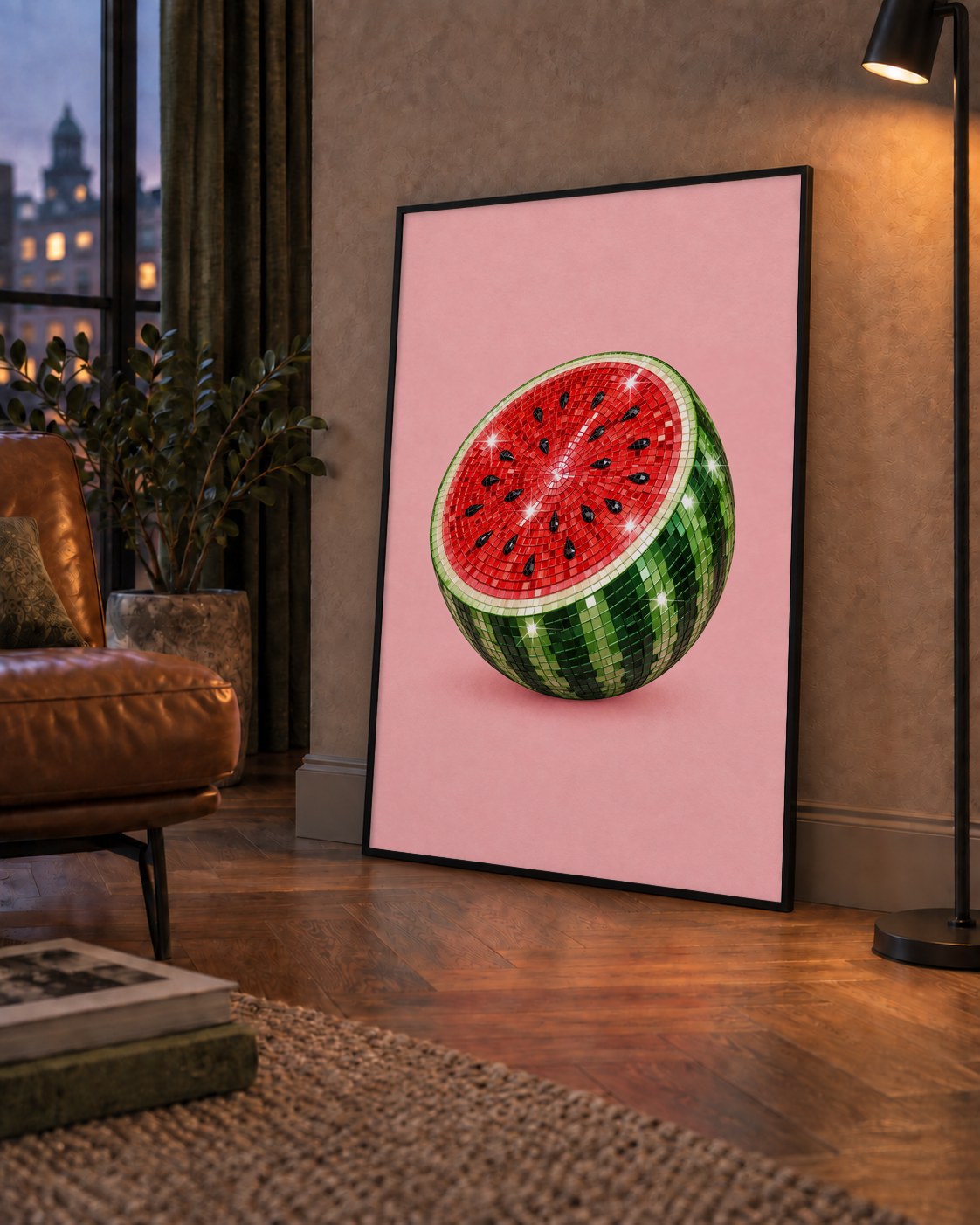 Disko Topu Karpuz Dijital Sanat Poster – Parlak ve Modern Dekor — çerçeveli hâliyle bir ev duvarında