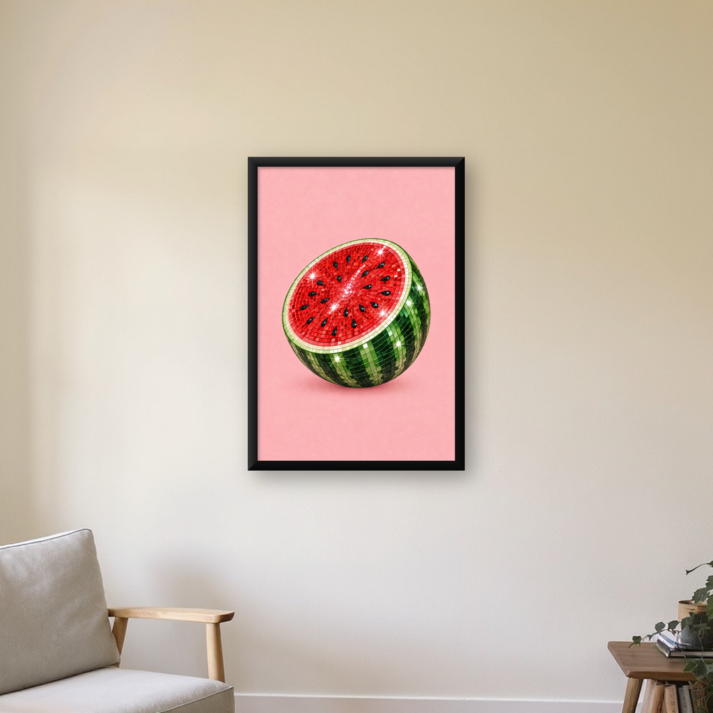 Disko Topu Karpuz Dijital Sanat Poster – Parlak ve Modern Dekor — Dikey baskı, çerçeveli hâliyle bir ev duvarında