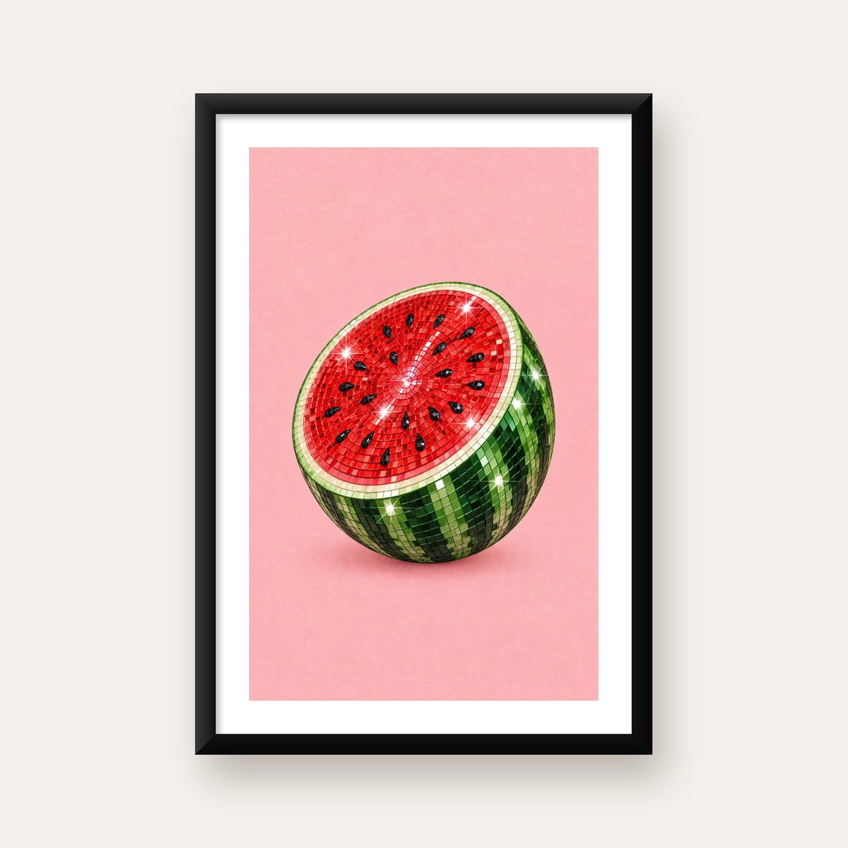 Disko Topu Karpuz Dijital Sanat Poster – Parlak ve Modern Dekor — Dikey baskı, beyaz paspartulu