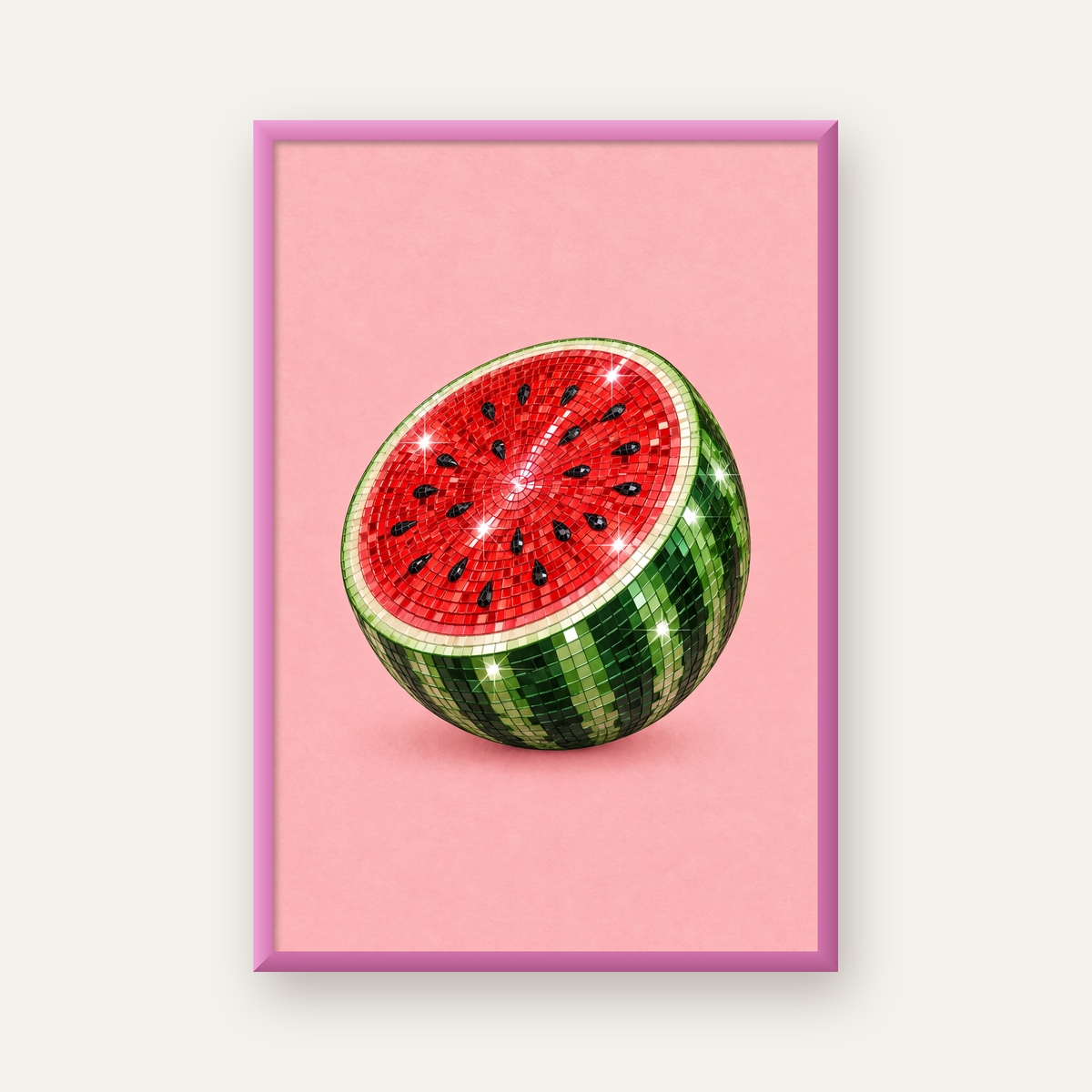 Disko Topu Karpuz Dijital Sanat Poster – Parlak ve Modern Dekor — pembe çerçeveli