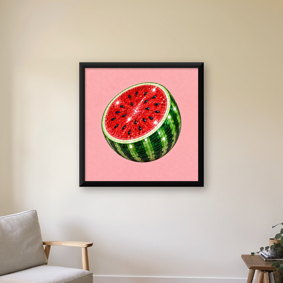 Disko Topu Karpuz Dijital Sanat Poster – Parlak ve Modern Dekor — Kare baskı, çerçeveli hâliyle bir ev duvarında