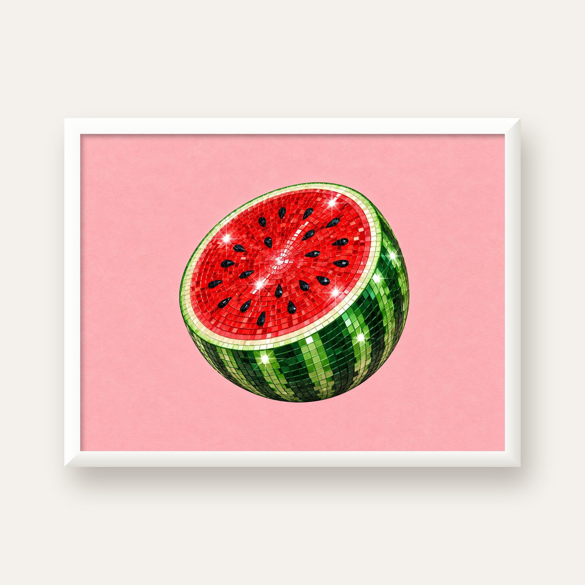 Disko Topu Karpuz Dijital Sanat Poster – Parlak ve Modern Dekor — beyaz çerçeveli yatay poster