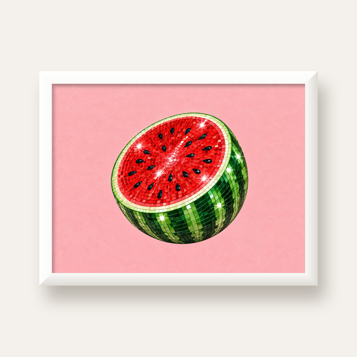 Disko Topu Karpuz Dijital Sanat Poster – Parlak ve Modern Dekor — beyaz çerçeveli yatay poster