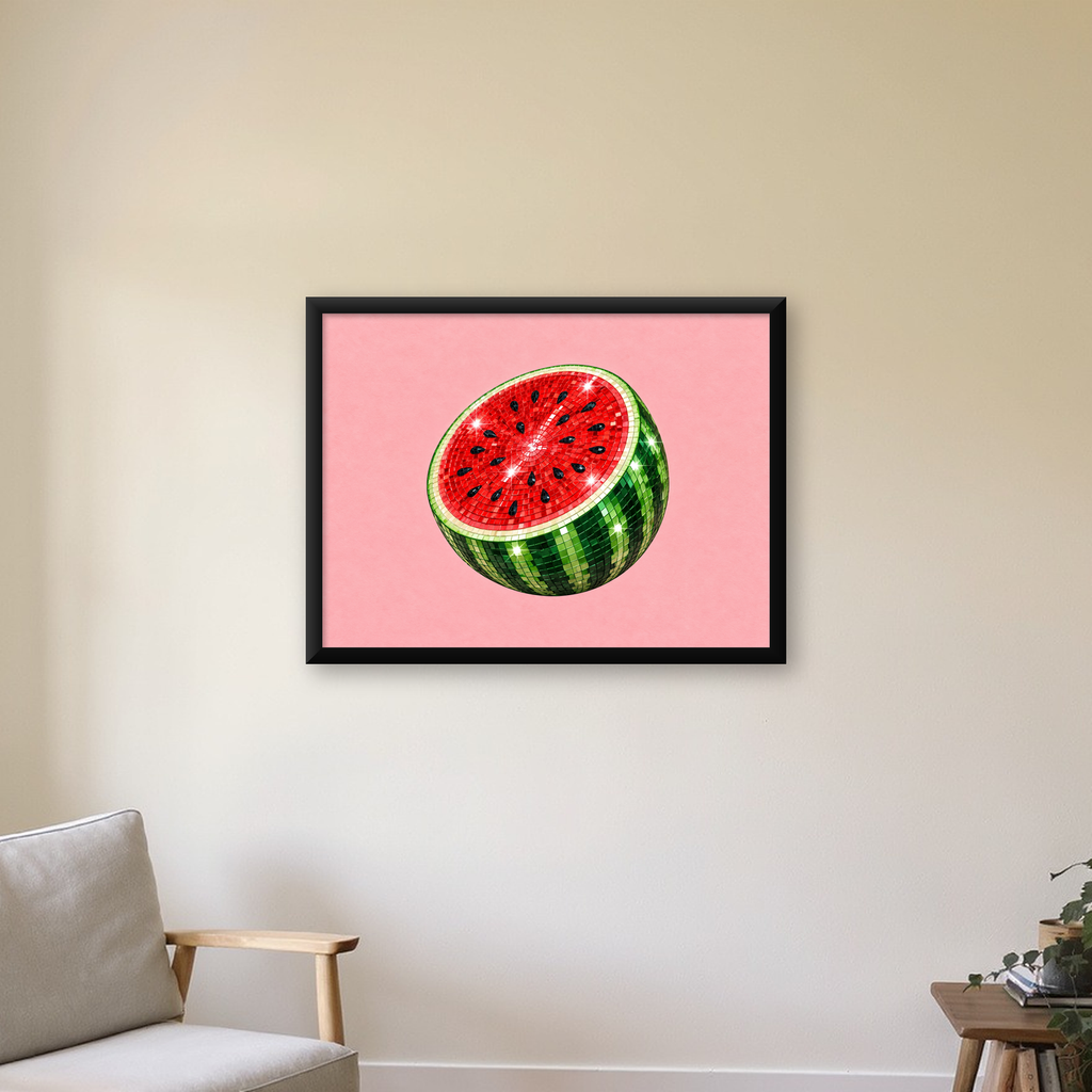 Disko Topu Karpuz Dijital Sanat Poster – Parlak ve Modern Dekor — Yatay baskı, çerçeveli hâliyle bir ev duvarında