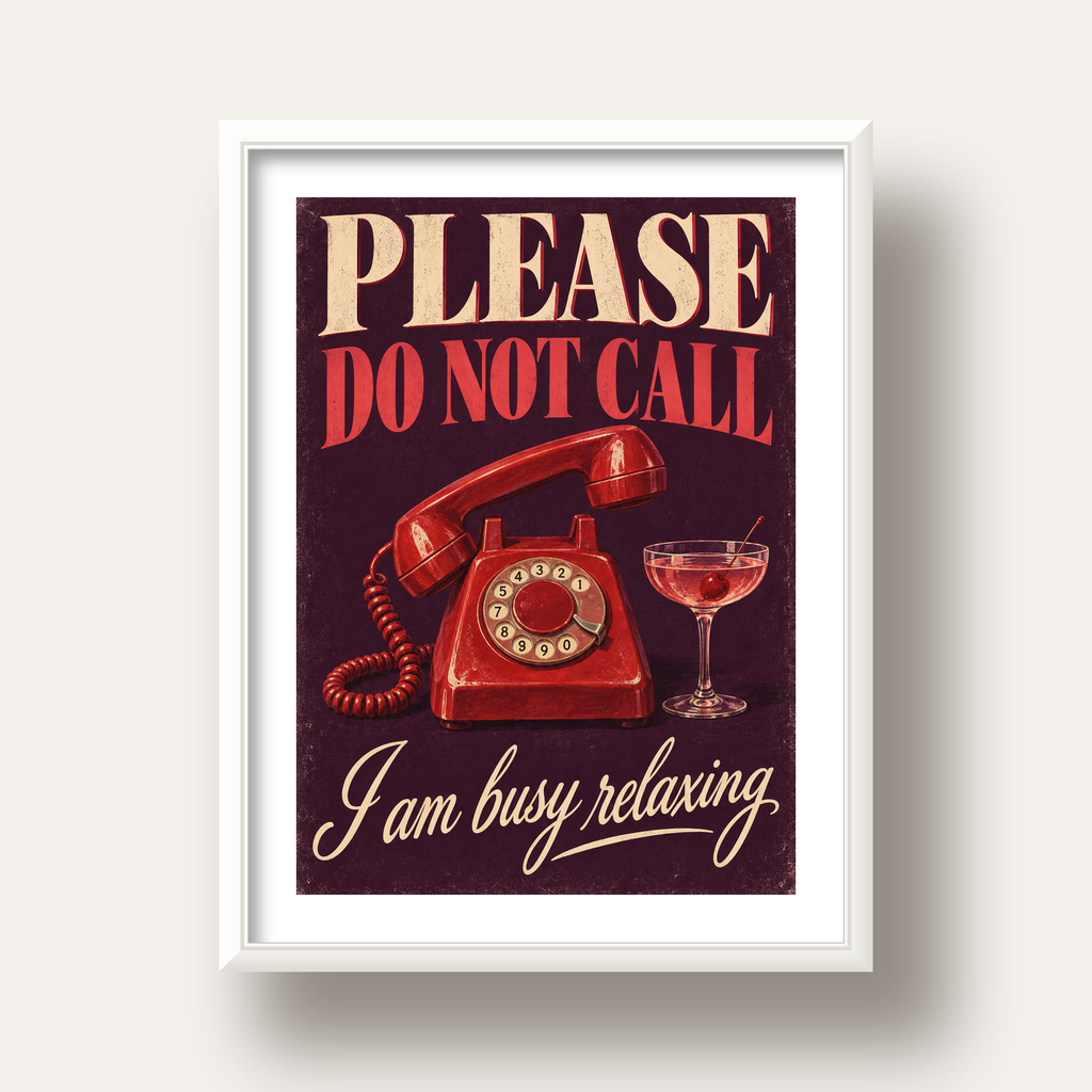 Retro Telefon ve Kokteyl Desenli Poster – Modern Duvar Sanatı — beyaz derin çerçeveli paspartulu