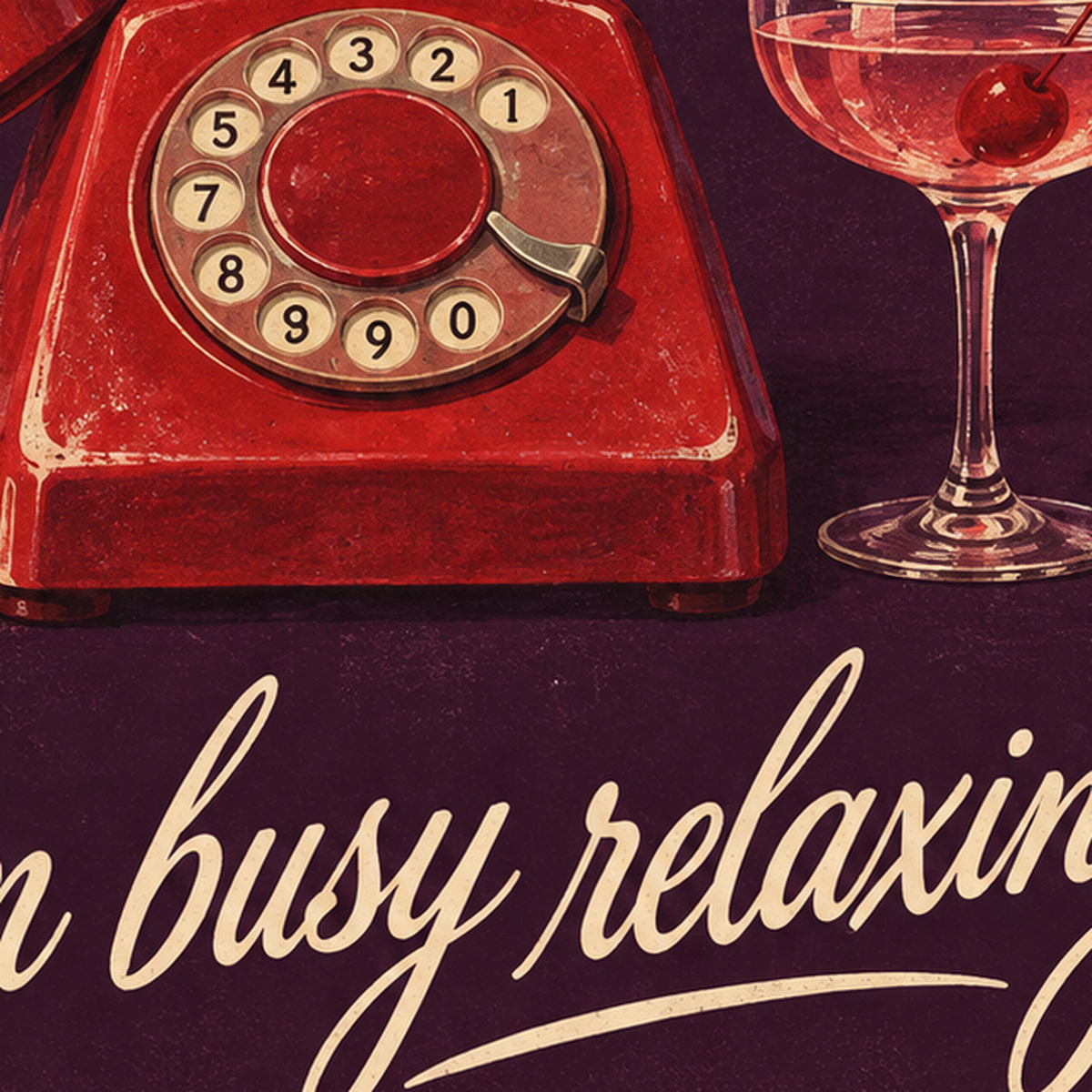 Retro Telefon ve Kokteyl Desenli Poster – Modern Duvar Sanatı — baskının yakın çekimi, kâğıt dokusu ve renk detayı