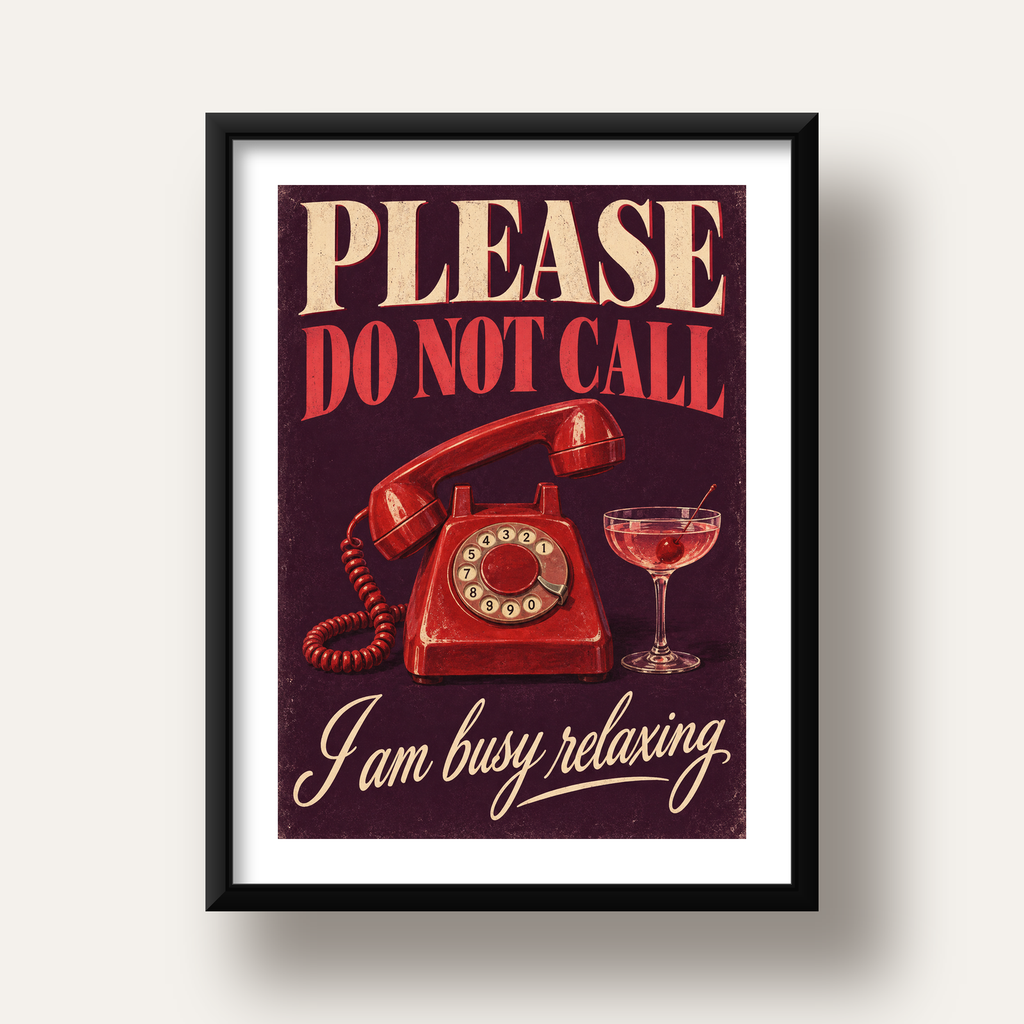 Retro Telefon ve Kokteyl Desenli Poster – Modern Duvar Sanatı — siyah derin çerçeveli paspartulu