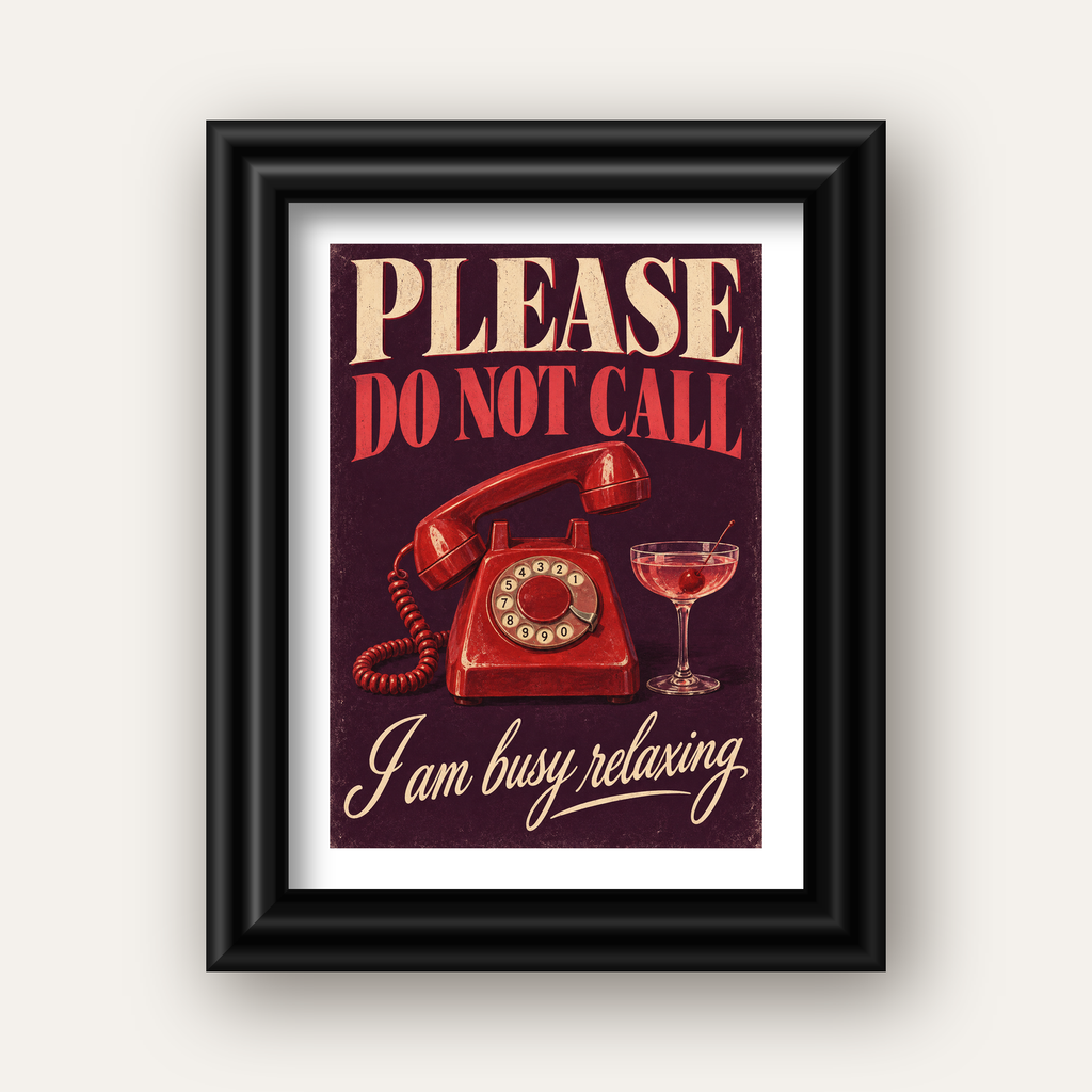 Retro Telefon ve Kokteyl Desenli Poster – Modern Duvar Sanatı — siyah galeri çerçeveli paspartulu