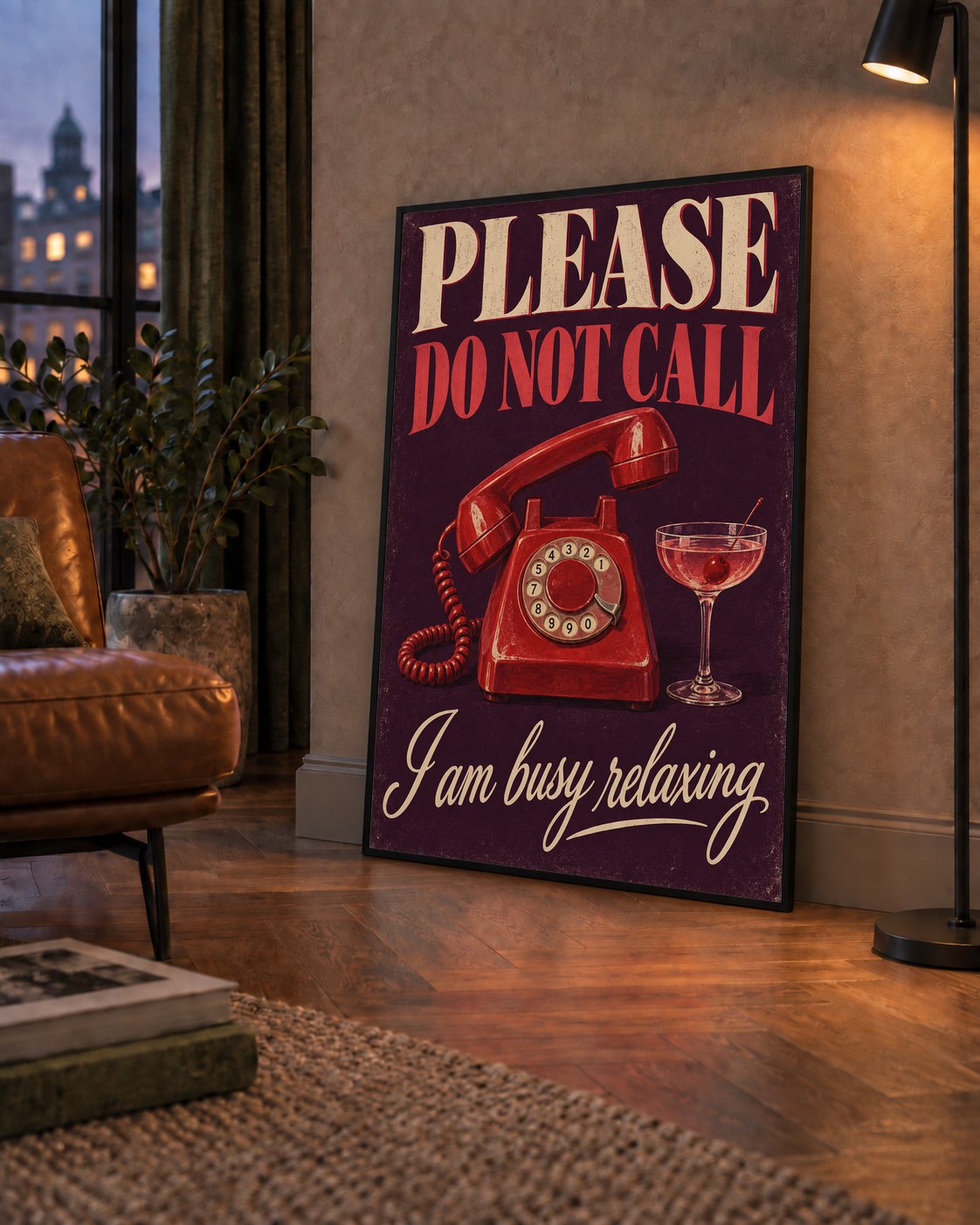 Retro Telefon ve Kokteyl Desenli Poster – Modern Duvar Sanatı — çerçeveli hâliyle bir ev duvarında