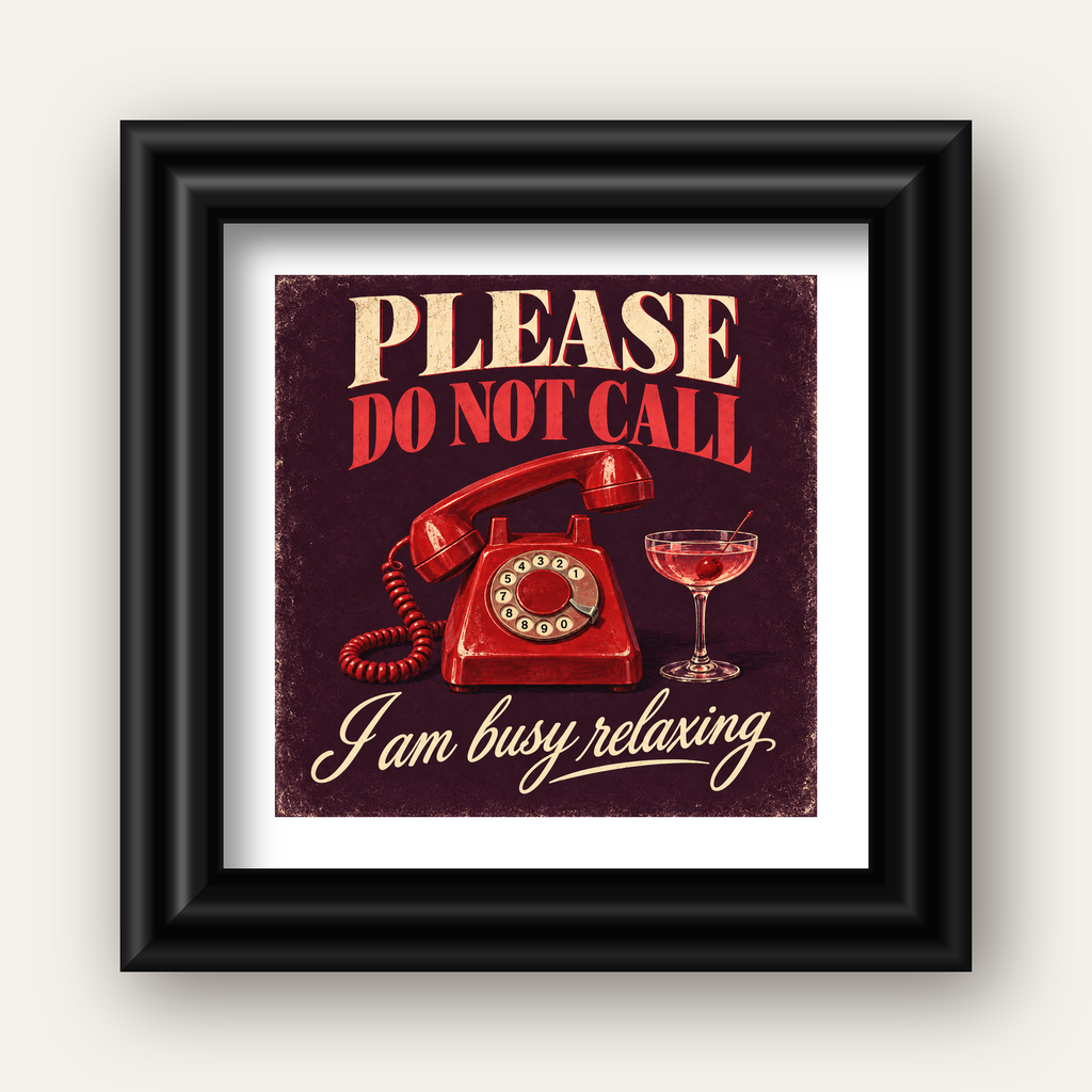 Retro Telefon ve Kokteyl Desenli Poster – Modern Duvar Sanatı — siyah galeri çerçeveli paspartulu