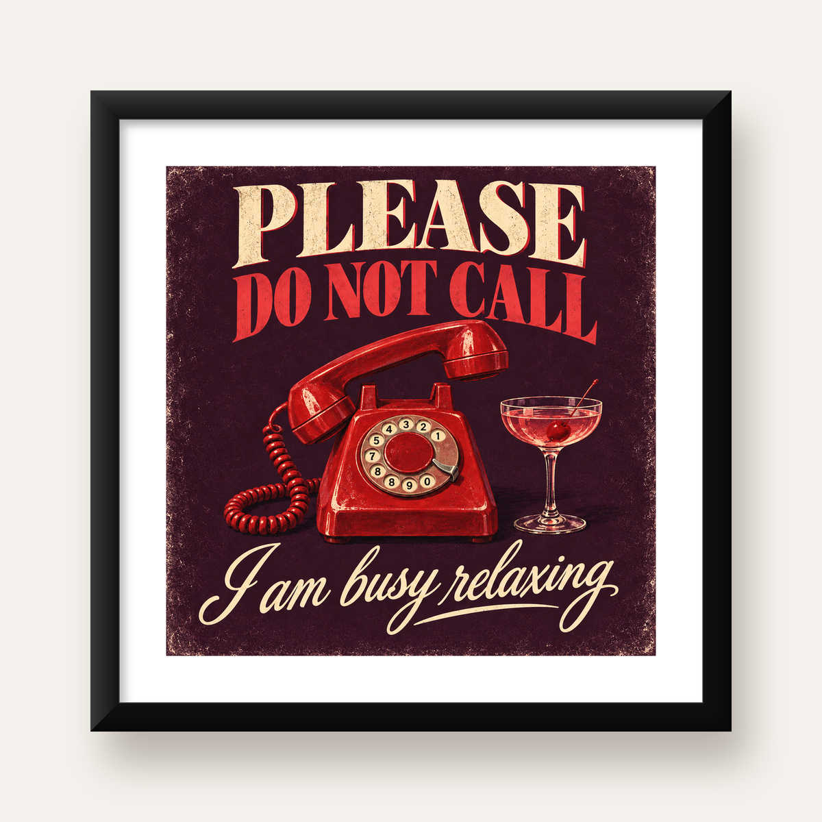Retro Telefon ve Kokteyl Desenli Poster – Modern Duvar Sanatı — Kare baskı, beyaz paspartulu