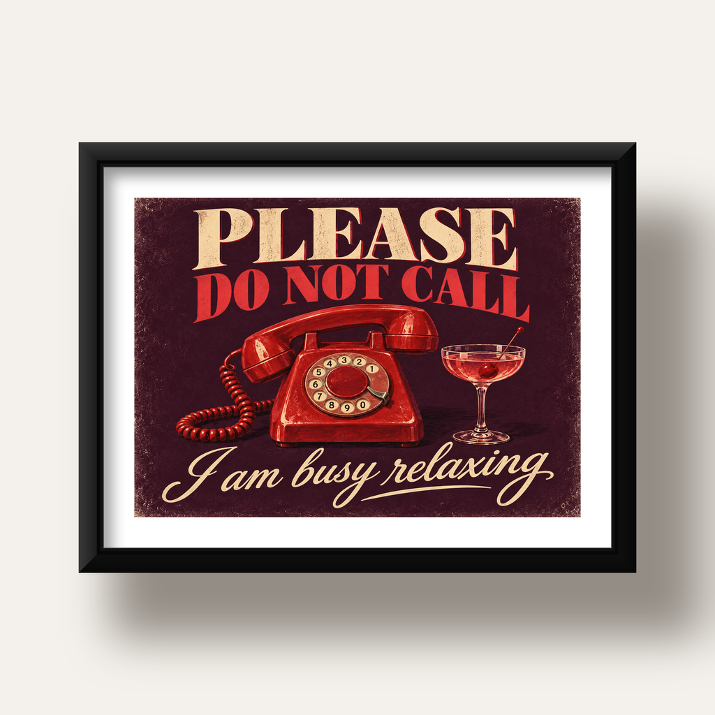 Retro Telefon ve Kokteyl Desenli Poster – Modern Duvar Sanatı — siyah derin çerçeveli paspartulu
