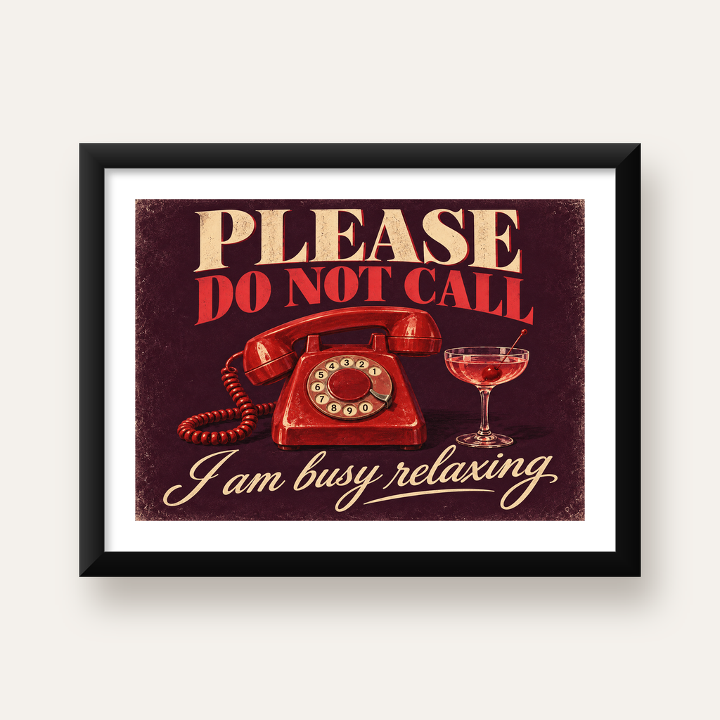 Retro Telefon ve Kokteyl Desenli Poster – Modern Duvar Sanatı — Yatay baskı, beyaz paspartulu