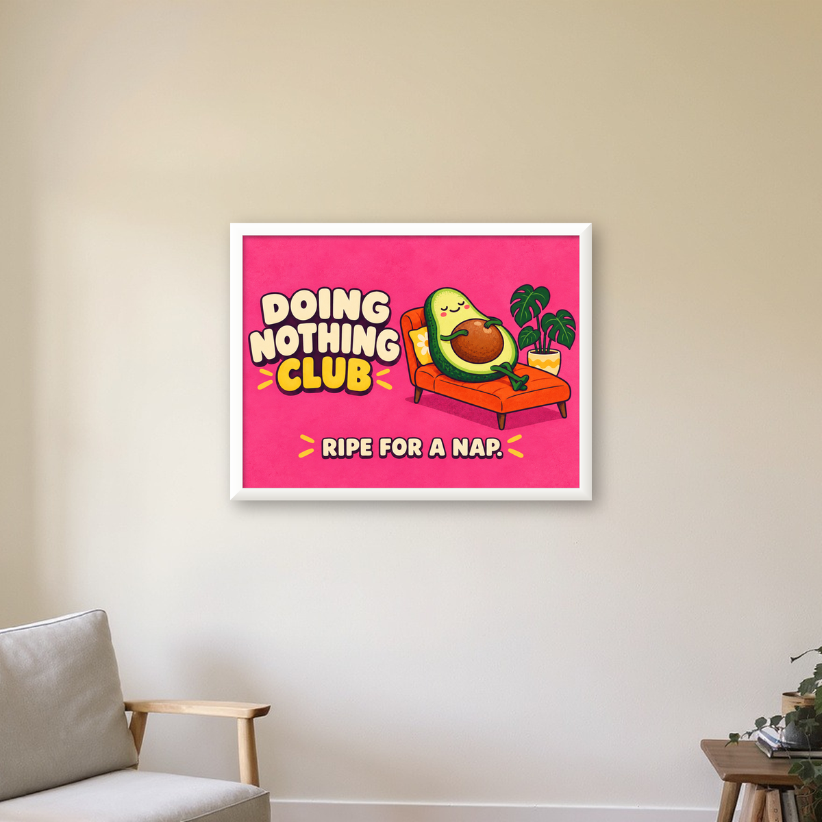 Sevimli Tembel Avokado Poster – Renkli ve Eğlenceli Duvar Dekoru — beyaz çerçeveli yatay poster