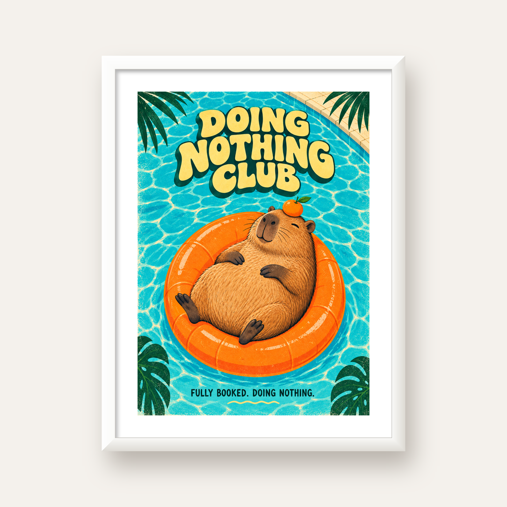 Havuzda Yatan Kapibara Dijital Poster – Renkli ve Eğlenceli — beyaz çerçeveli dikey poster