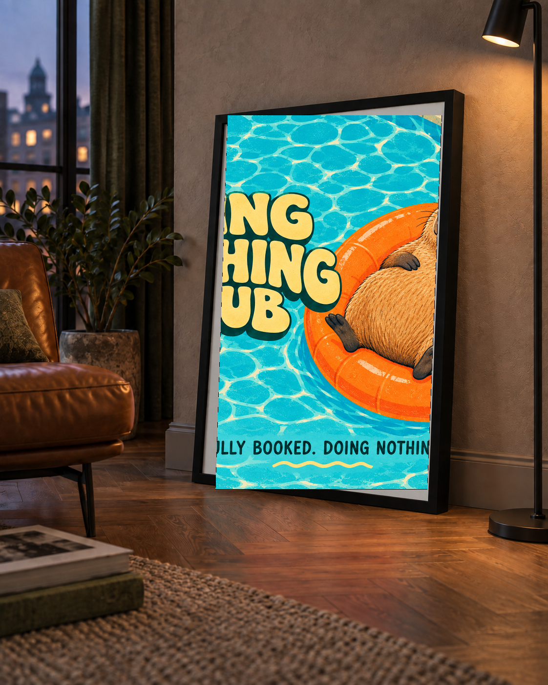 Havuzda Yatan Kapibara Dijital Poster – Renkli ve Eğlenceli