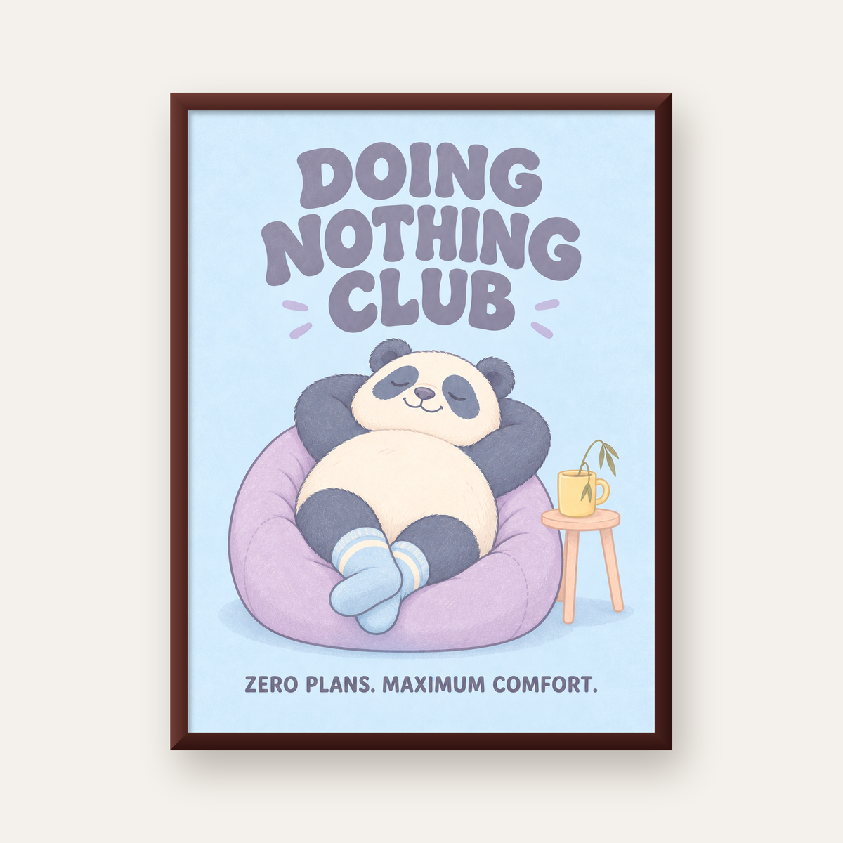Rahatlayan Panda: Dijital İllüstrasyon Poster Baskı — ceviz çerçeveli
