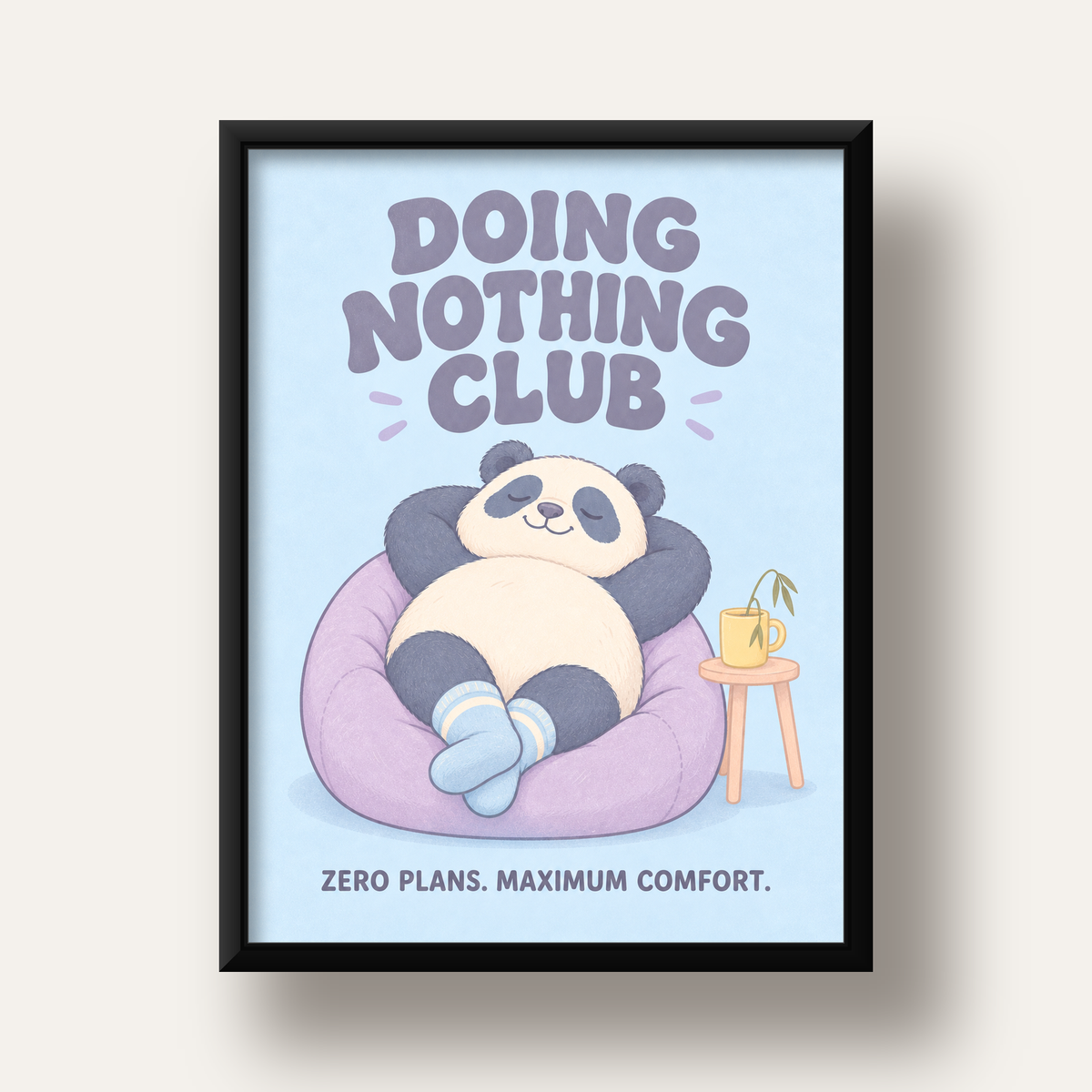 Rahatlayan Panda: Dijital İllüstrasyon Poster Baskı — siyah derin çerçeveli
