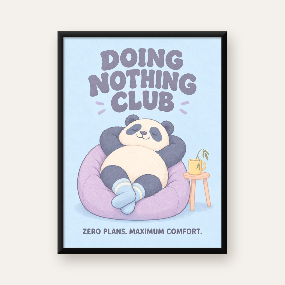 Rahatlayan Panda: Dijital İllüstrasyon Poster Baskı — Dikey baskı, düz siyah çerçeveli duvar posteri