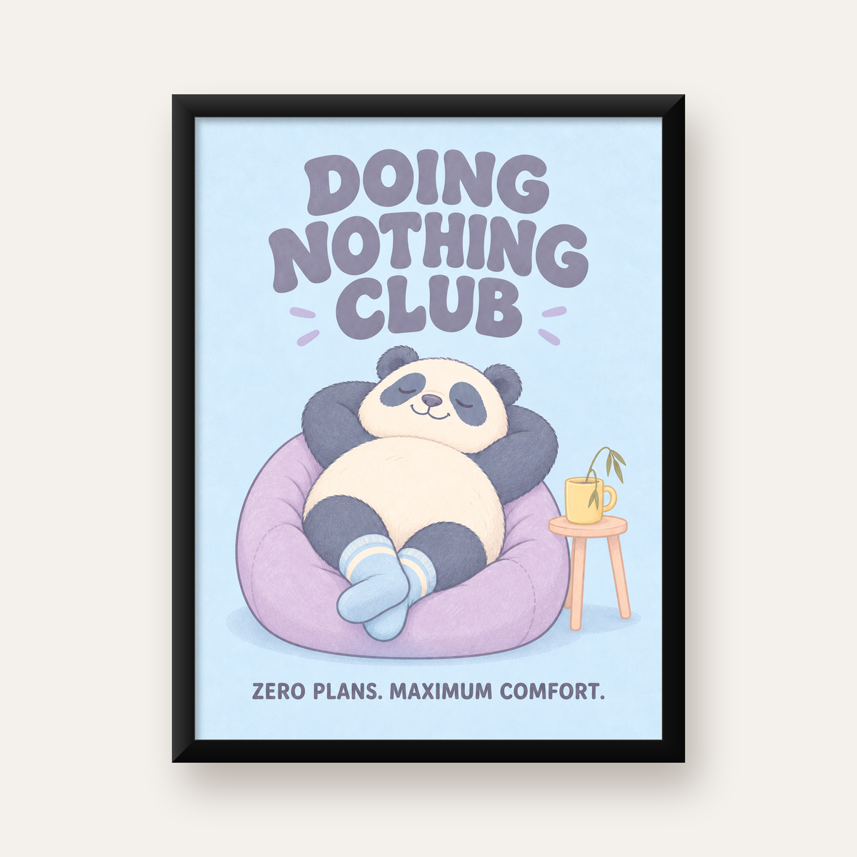 Rahatlayan Panda: Dijital İllüstrasyon Poster Baskı — Dikey baskı, düz siyah çerçeveli duvar posteri